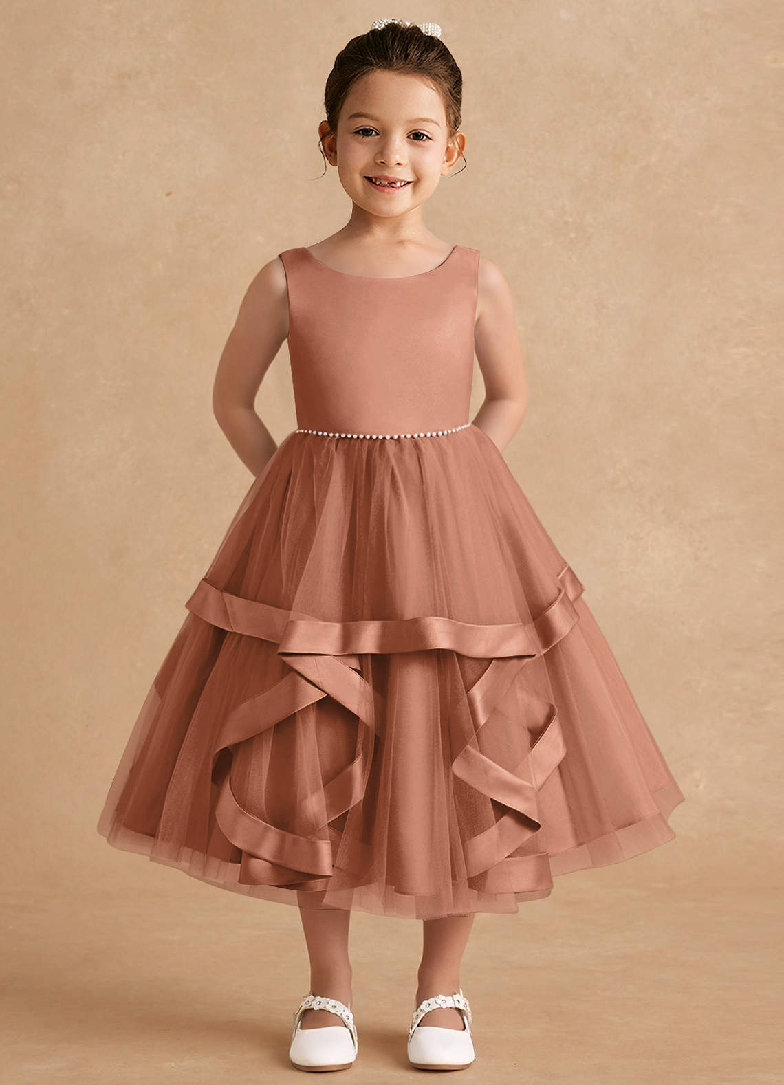 Azazie Posy Blumenmädchenkleider A-Linie Mit Perlen Tüll Kleid Bronzer image1