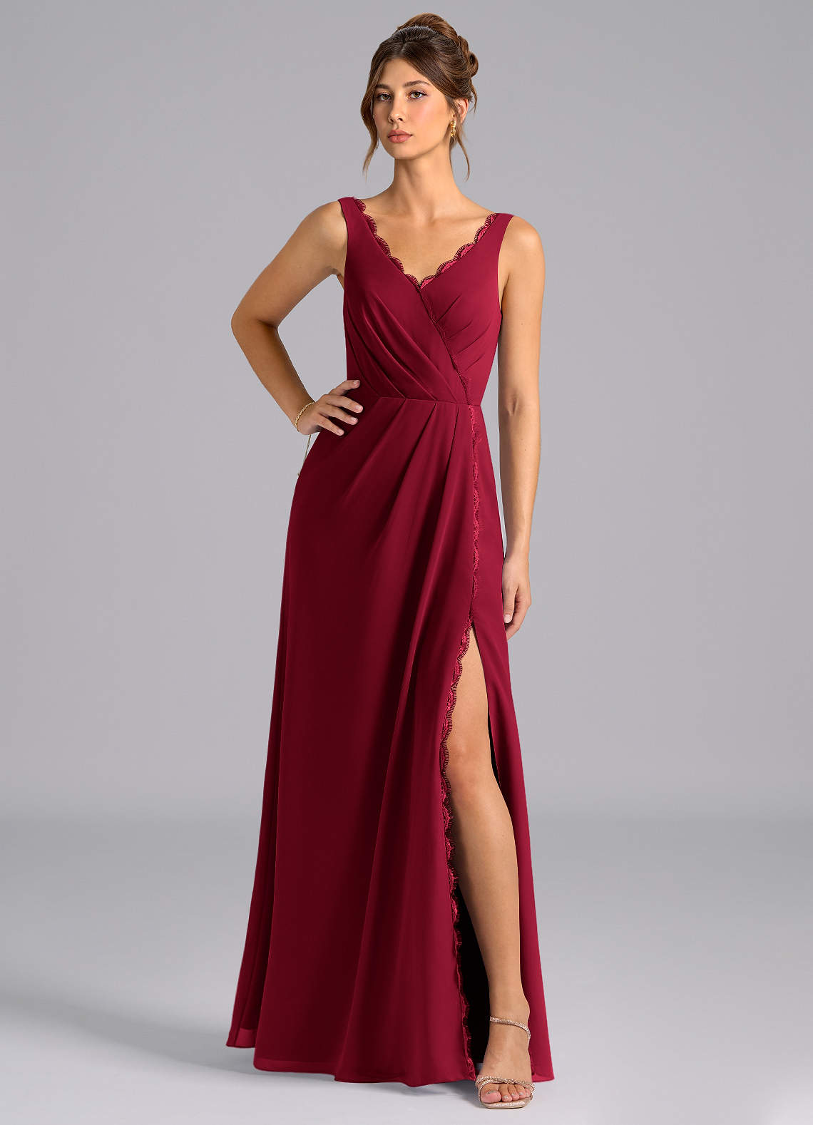 Azazie Bernice Bridesmaid Dresses Burgundy A-Line Pleated Chiffon Dress image1