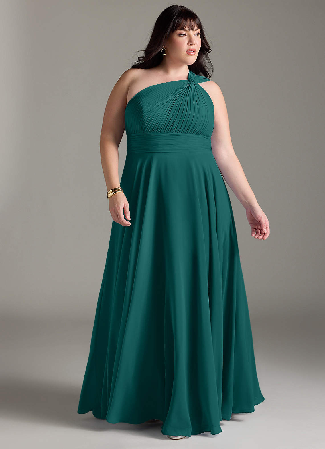 Azazie Charlize Abiti da Damigella Abito A-Line in Chiffon Monospalla Verde Pavone image8