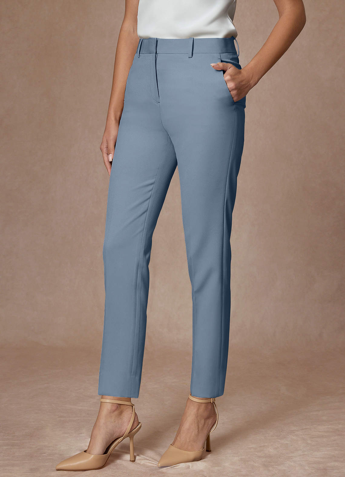 front Whitney Dusty Blue Structured Stretch Full Length Dress Pants