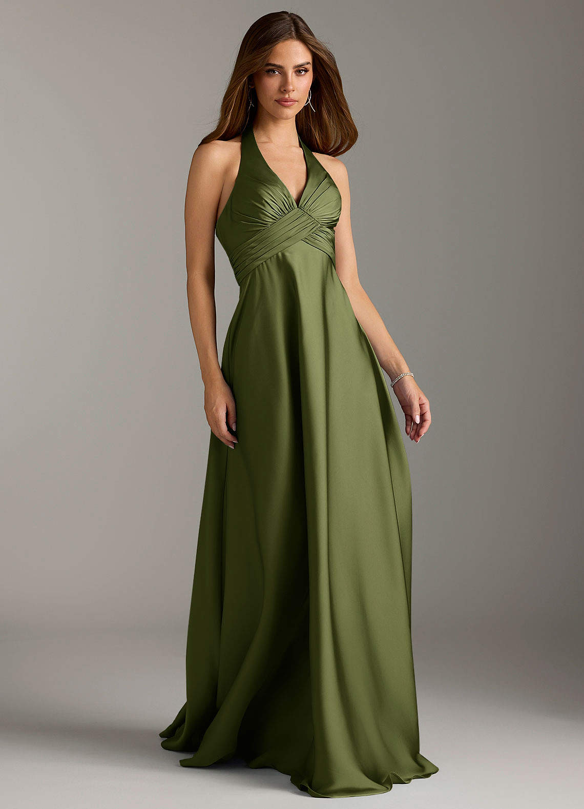 Azazie Tessie Bridesmaid Dresses Olive A-Line Pleated Stretch Satin Dress image1