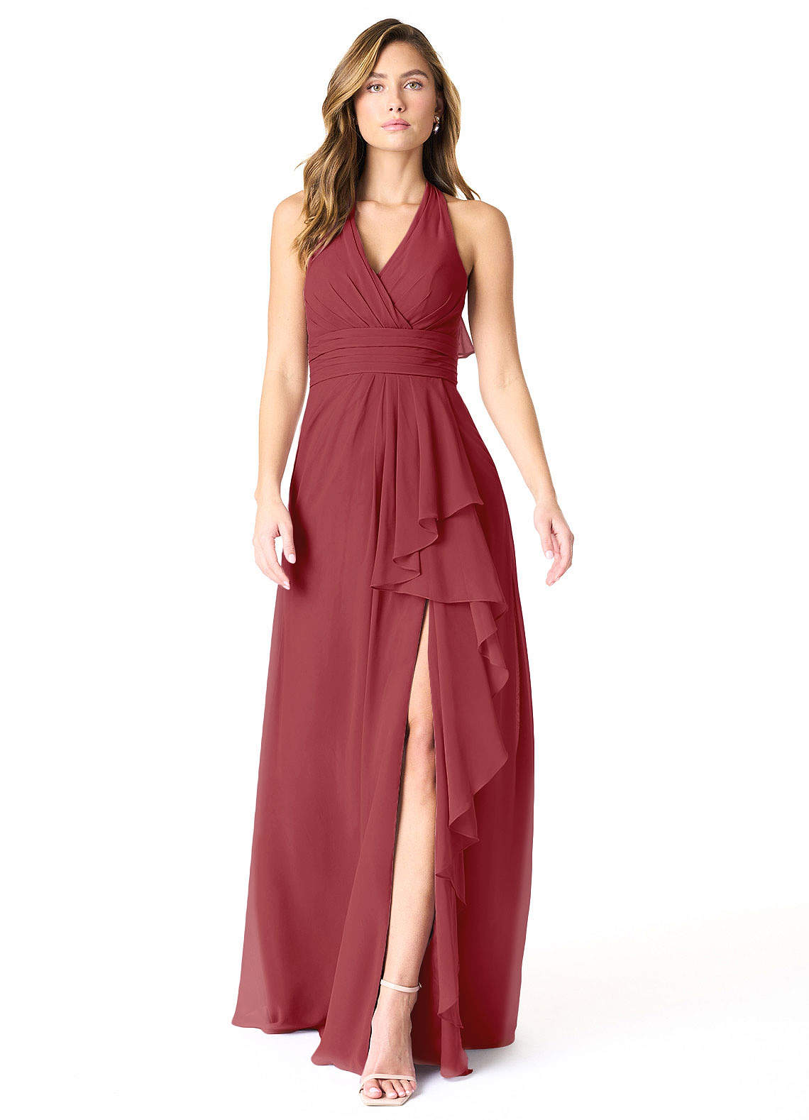 Azazie Aviv Bridesmaid Dresses Pomegranate A-Line Pleated Chiffon Dress image1