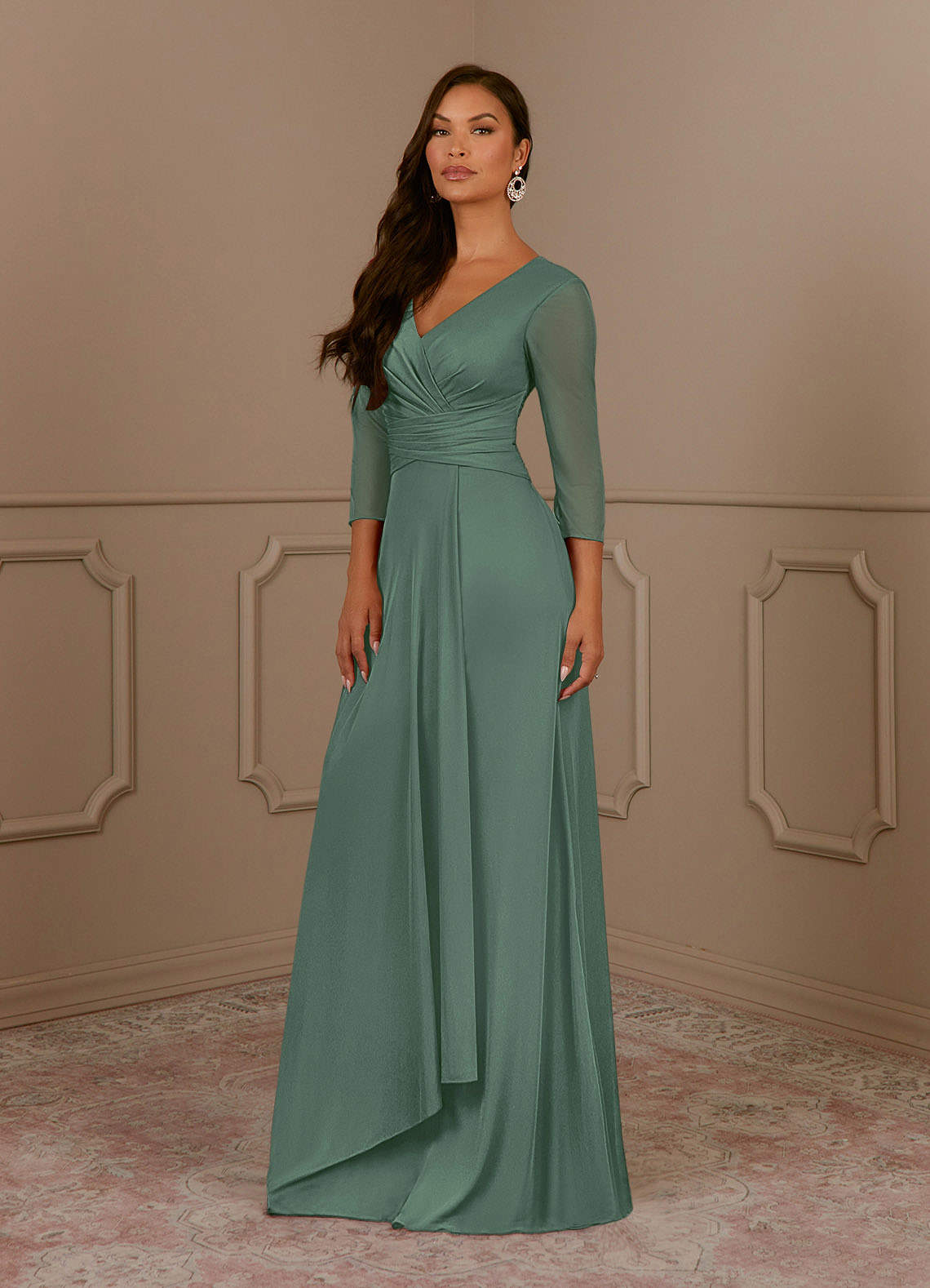 Azazie Annetta Mother of the Bride Dresses Eucalyptus A-Line V-Neck Pleated Mesh Dress image1