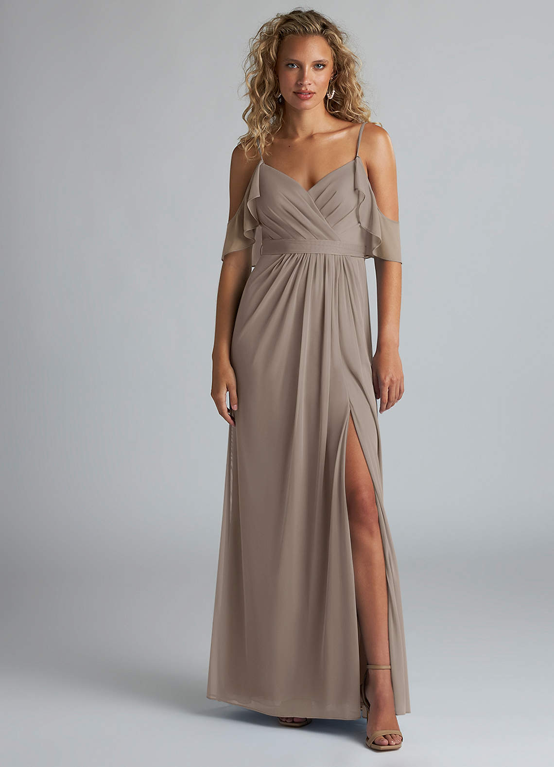 Azazie Fiena Final Sale Taupe A-Line V-neck Ruched Mesh Dress image1