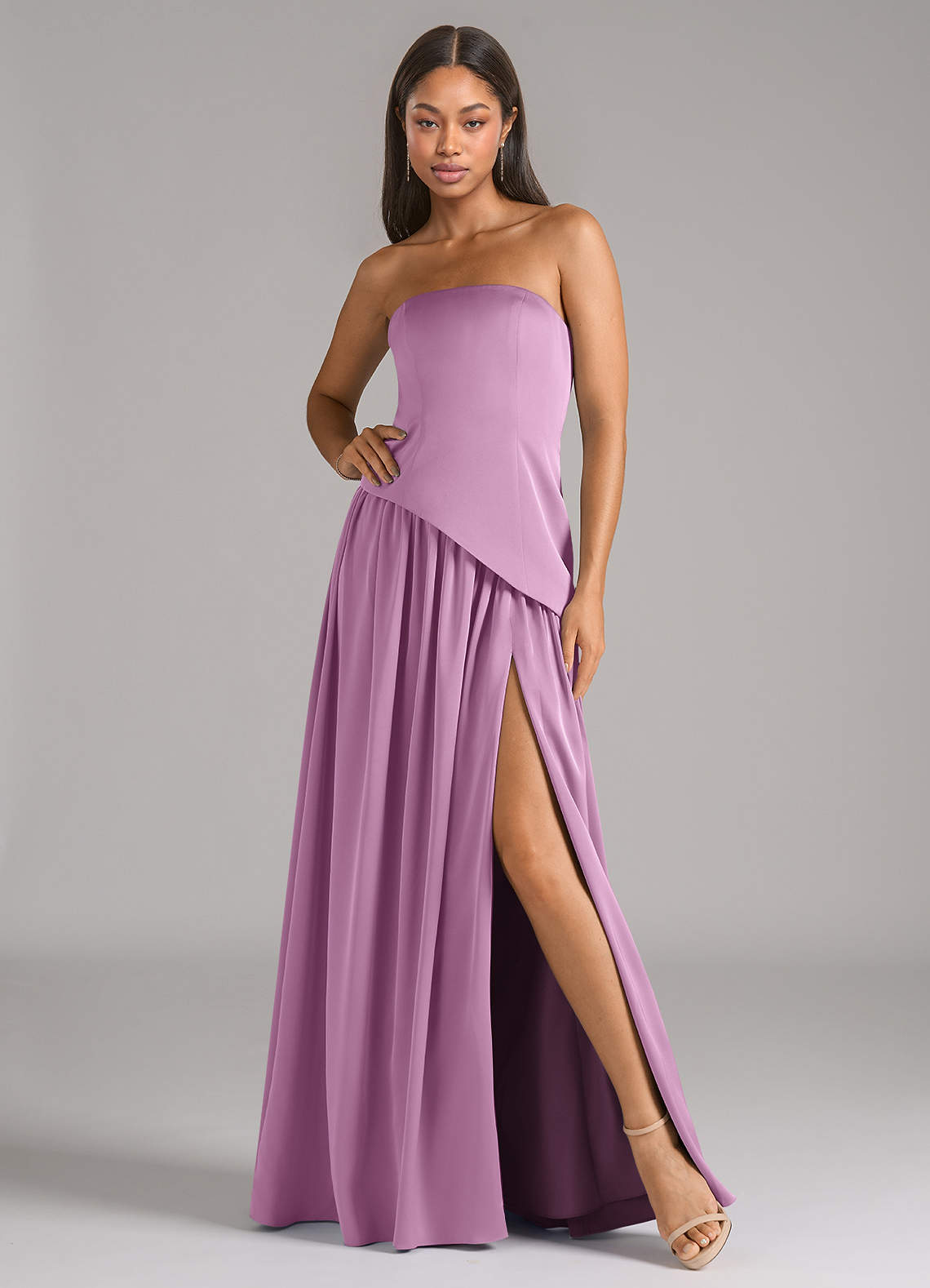 Azazie Adeline Bridesmaid Dresses Wisteria A-Line Strapless Stretch Satin Convertible Dress image1