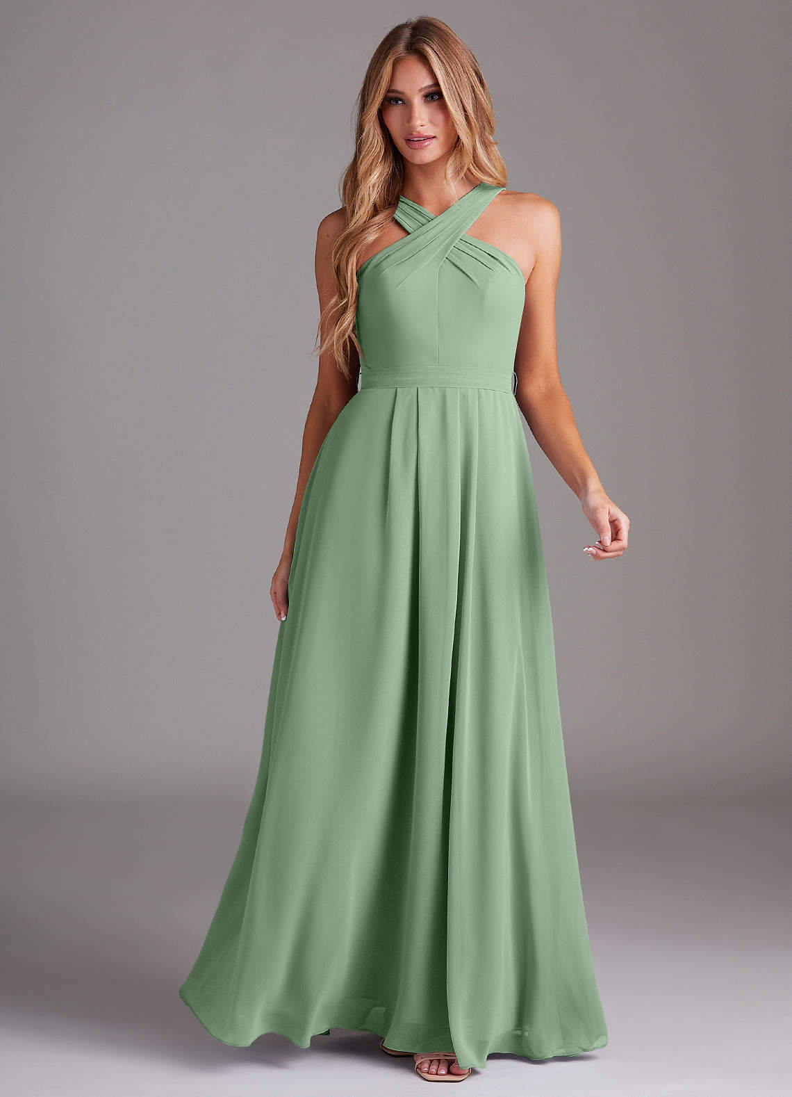 Azazie A-Line Halter Neck Floor-Length Chiffon Bridesmaid Dresses - Agave