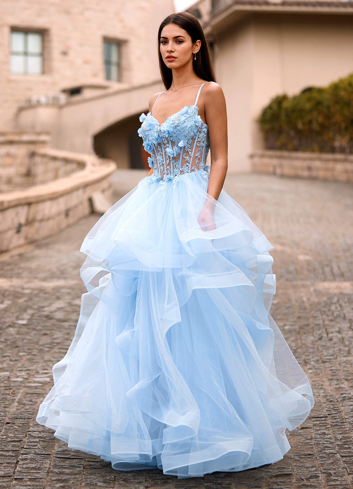 Dreama Sky Blue Lace Corset Ruffle Prom Dress | Azazie