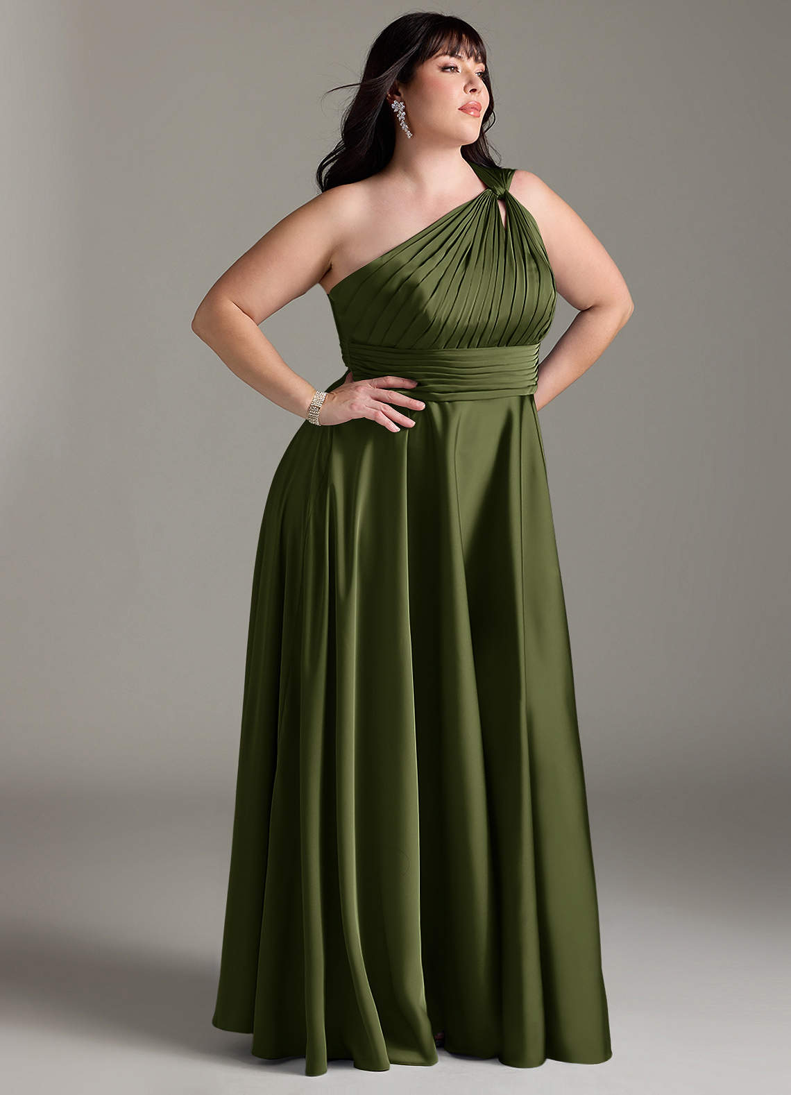 Azazie Charlize Bridesmaid Dresses Olive A-Line One Shoulder Stretch Satin Dress image11