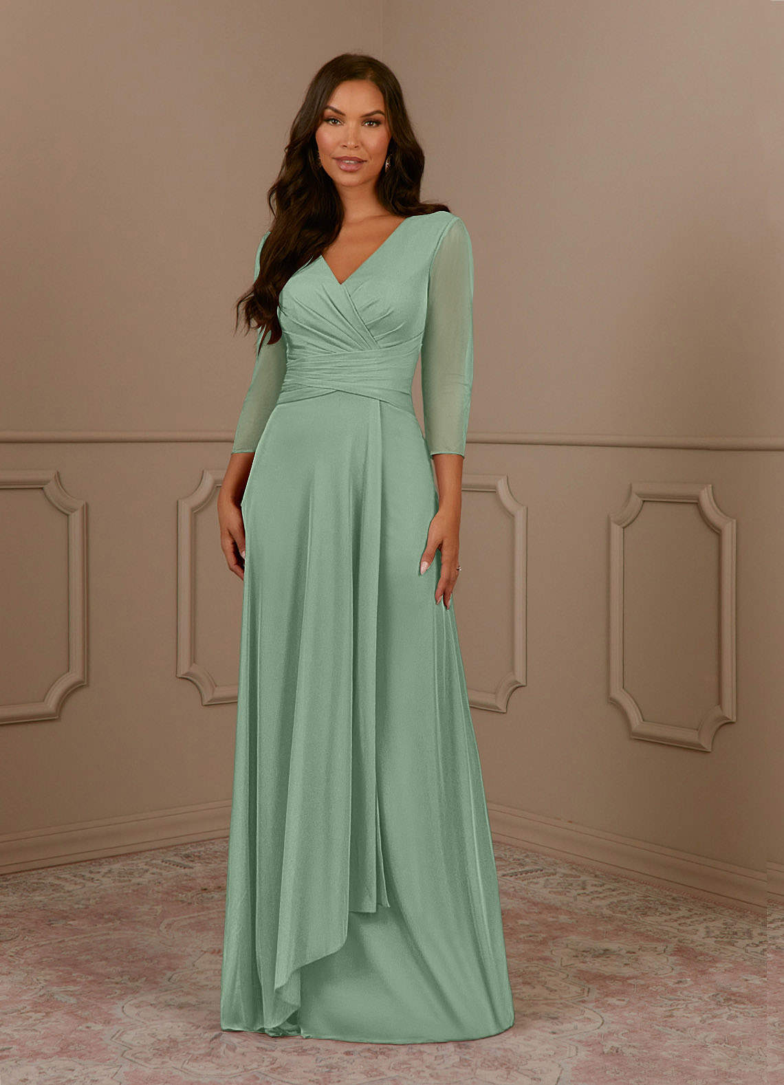 Azazie Annetta vestidos de madre de la novia Vestido de Matcha de Malla de Corte En A con Cuello en V Manga Larga image1