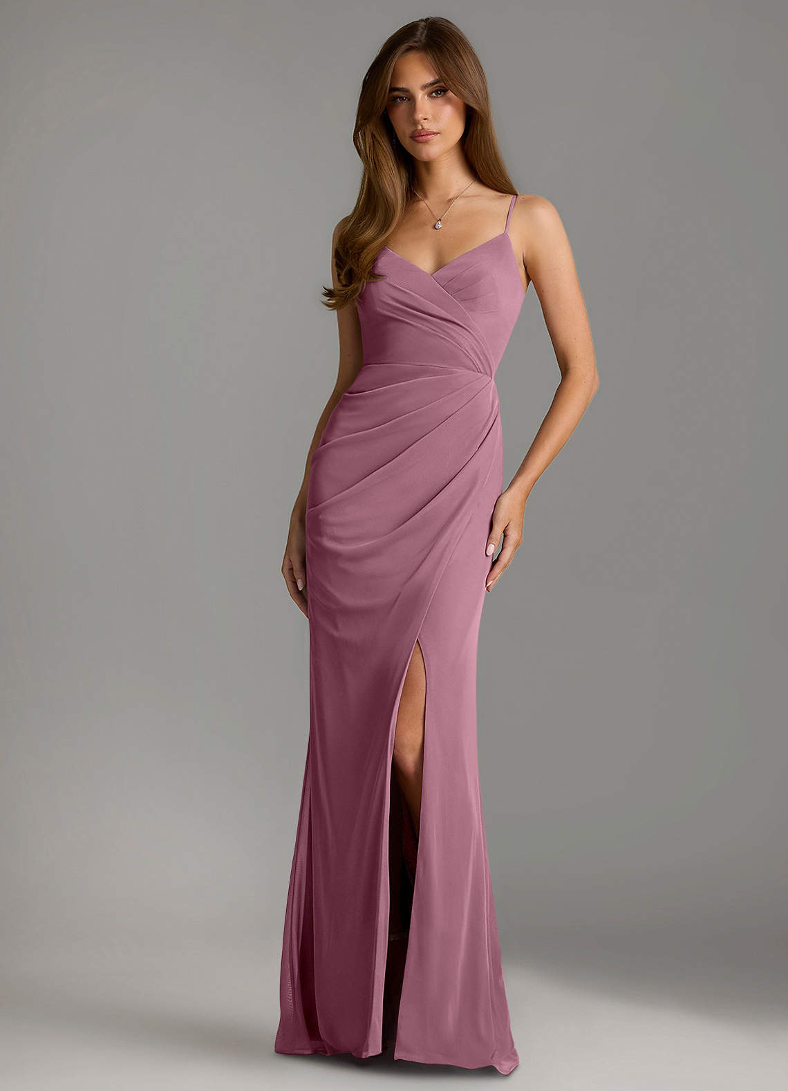 Azazie Maci Bridesmaid Dresses Vintage Mauve Sheath Pleated Mesh Dress image1