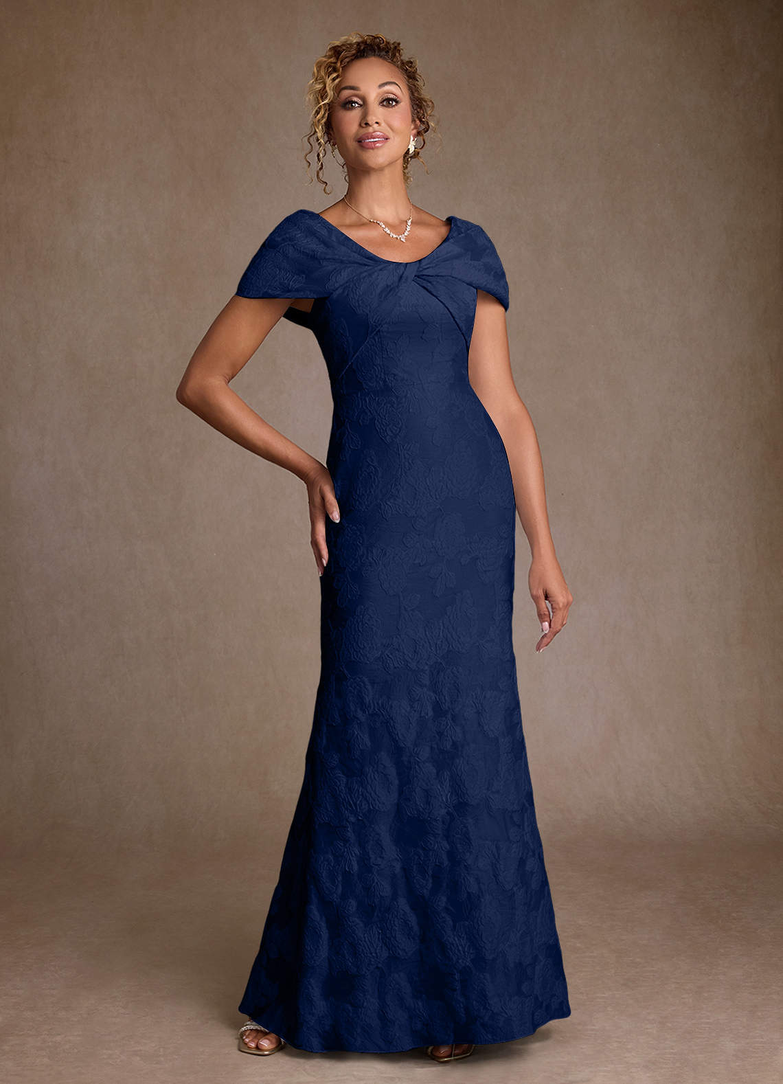 Azazie Amallia Mother of the Bride Dresses Dark Navy Jacquard Mermaid Off the Shoulder Floral Jacquard Dress image1