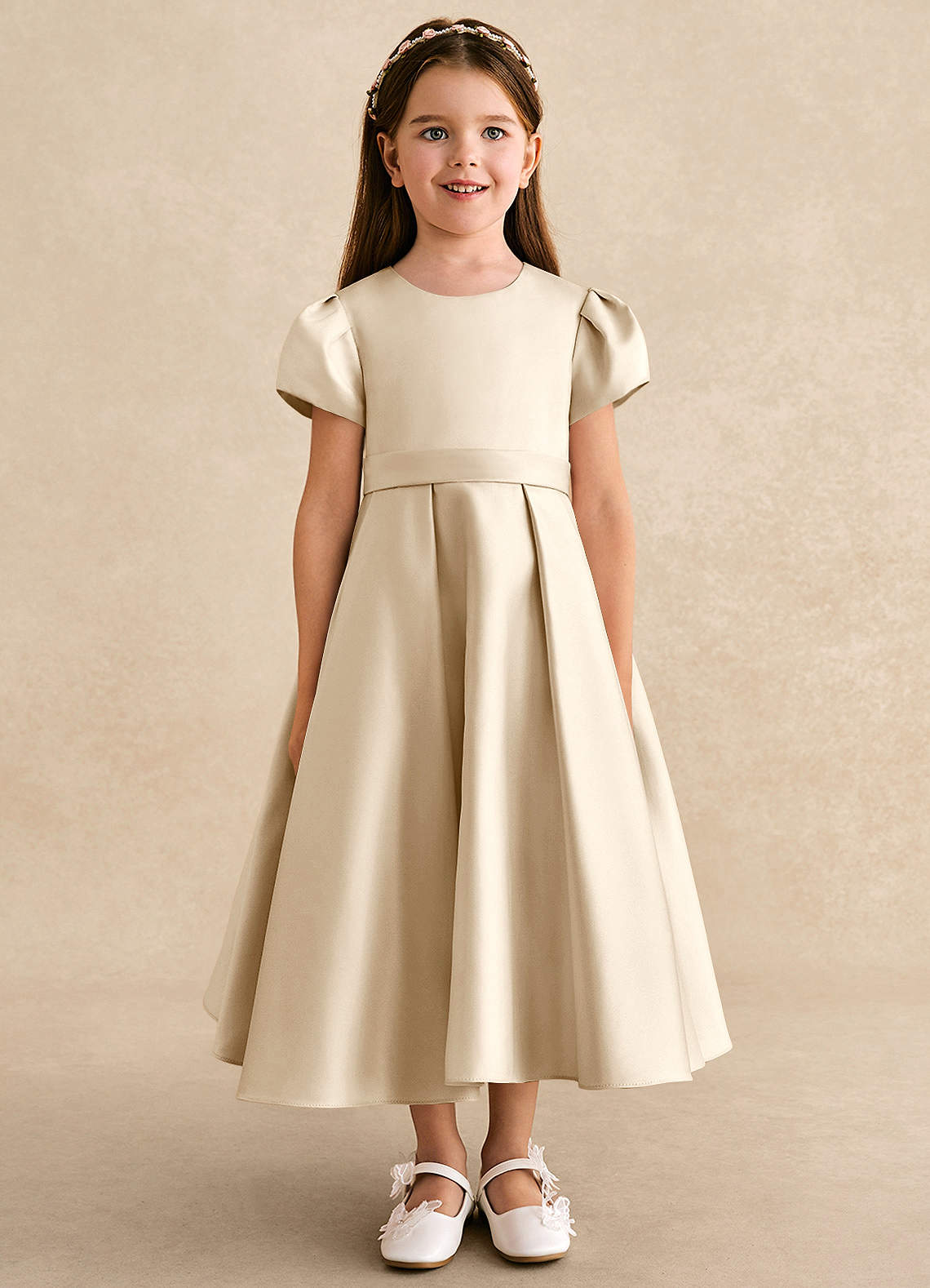 Azazie Princess Flower Girl Dresses Champagne A-Line Pleated Matte Satin Dress image4