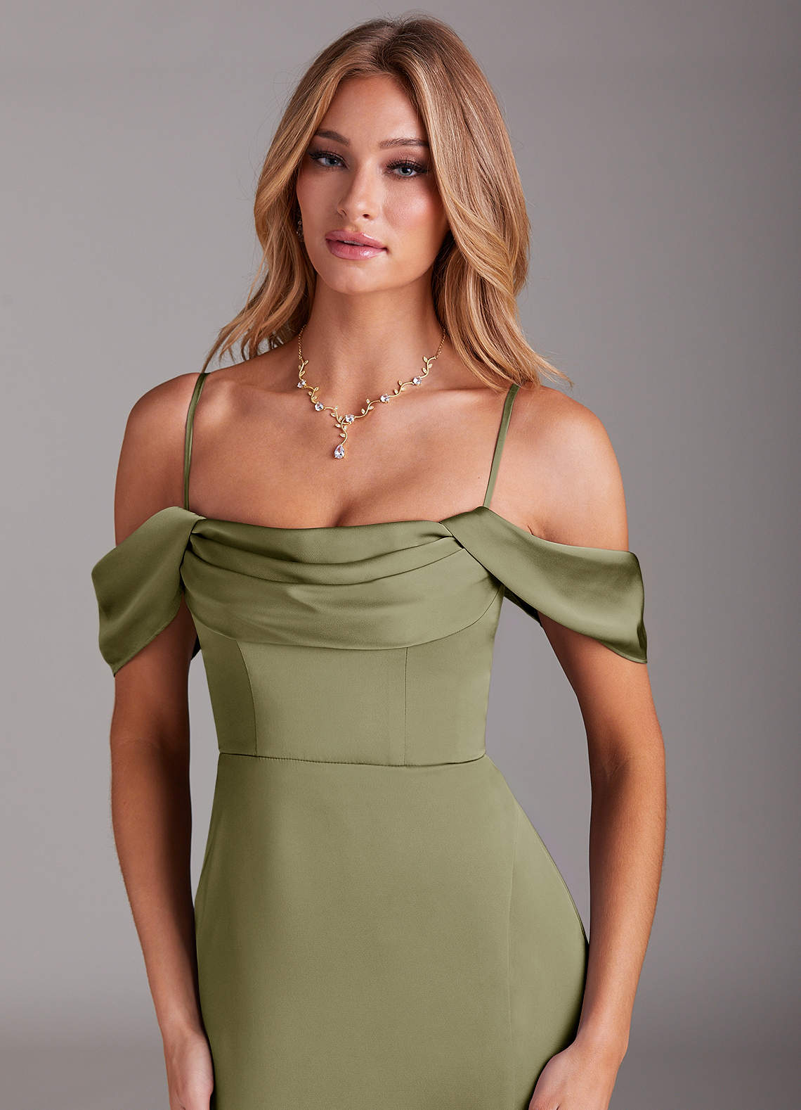 Azazie Saige Bridesmaid Dresses Pistachio Sheath Off the Shoulder Stretch Satin Dress image1