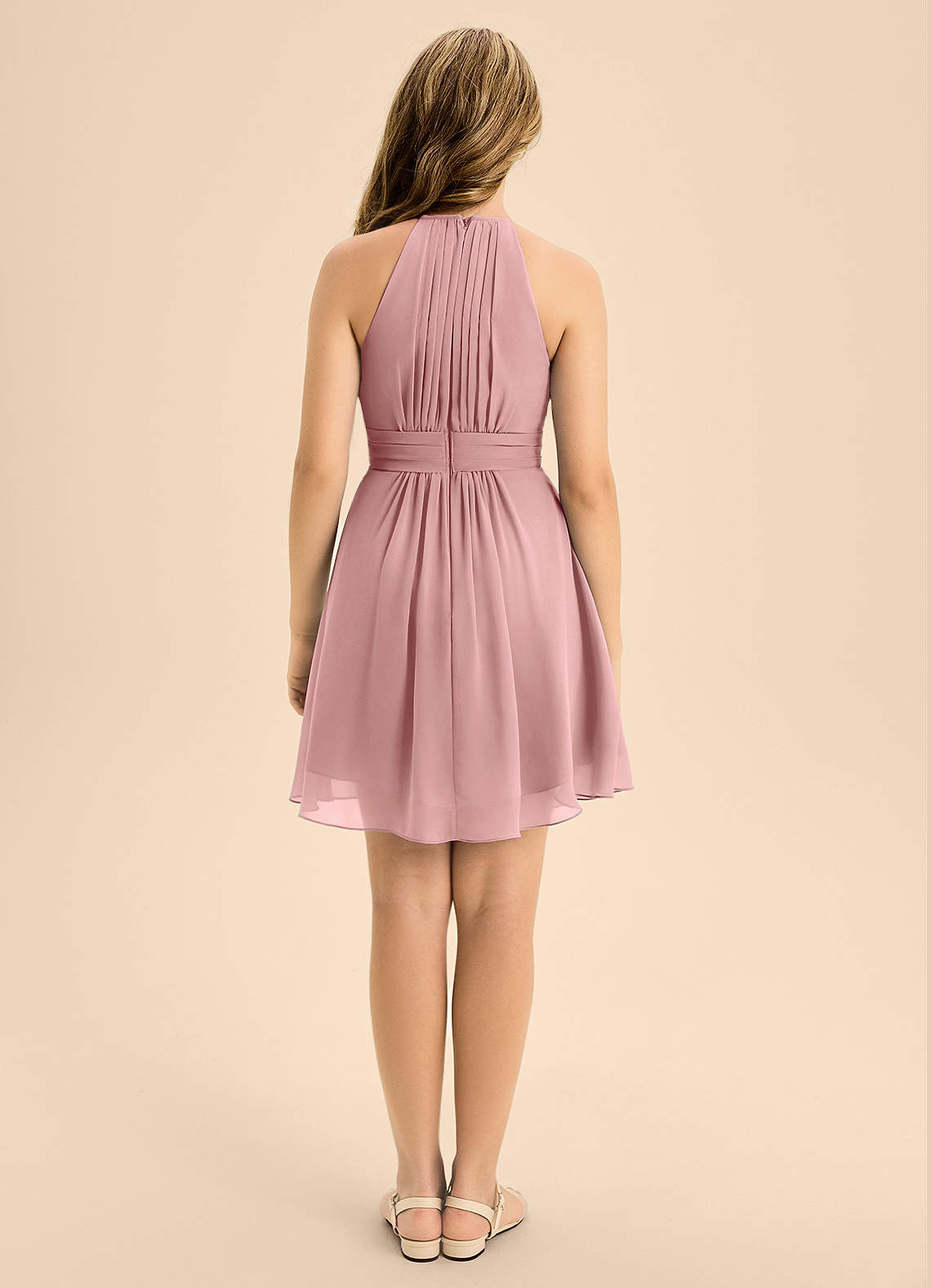 Azazie Bonnie Junior A-Linie Plissee Chiffon Kleid Altrosa image1