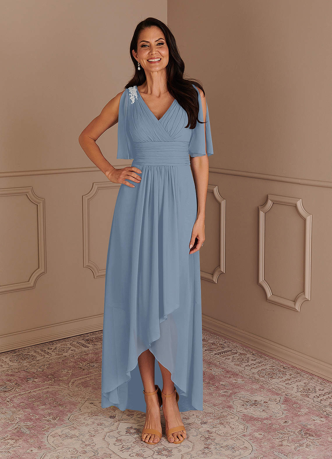 Ash Cowl Neck Bridesmaid Dress with Slit in Crepe Dusty Blue | Birdy Grey
