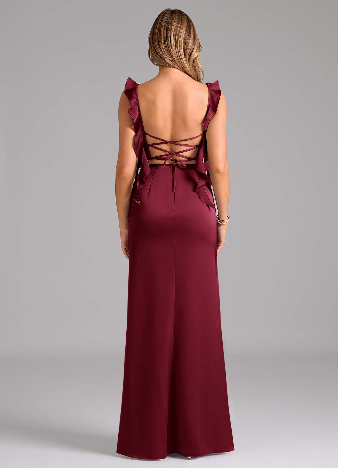 Azazie Jessamine Bridesmaid Dresses Burgundy Sheath Corset Stretch Satin Dress image5