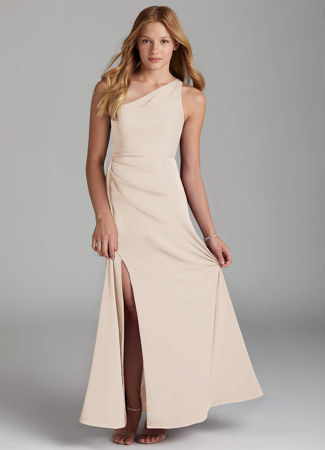Azazie Maron Junior White Alabaster A-Line Pleated Stretch Satin Dress image1