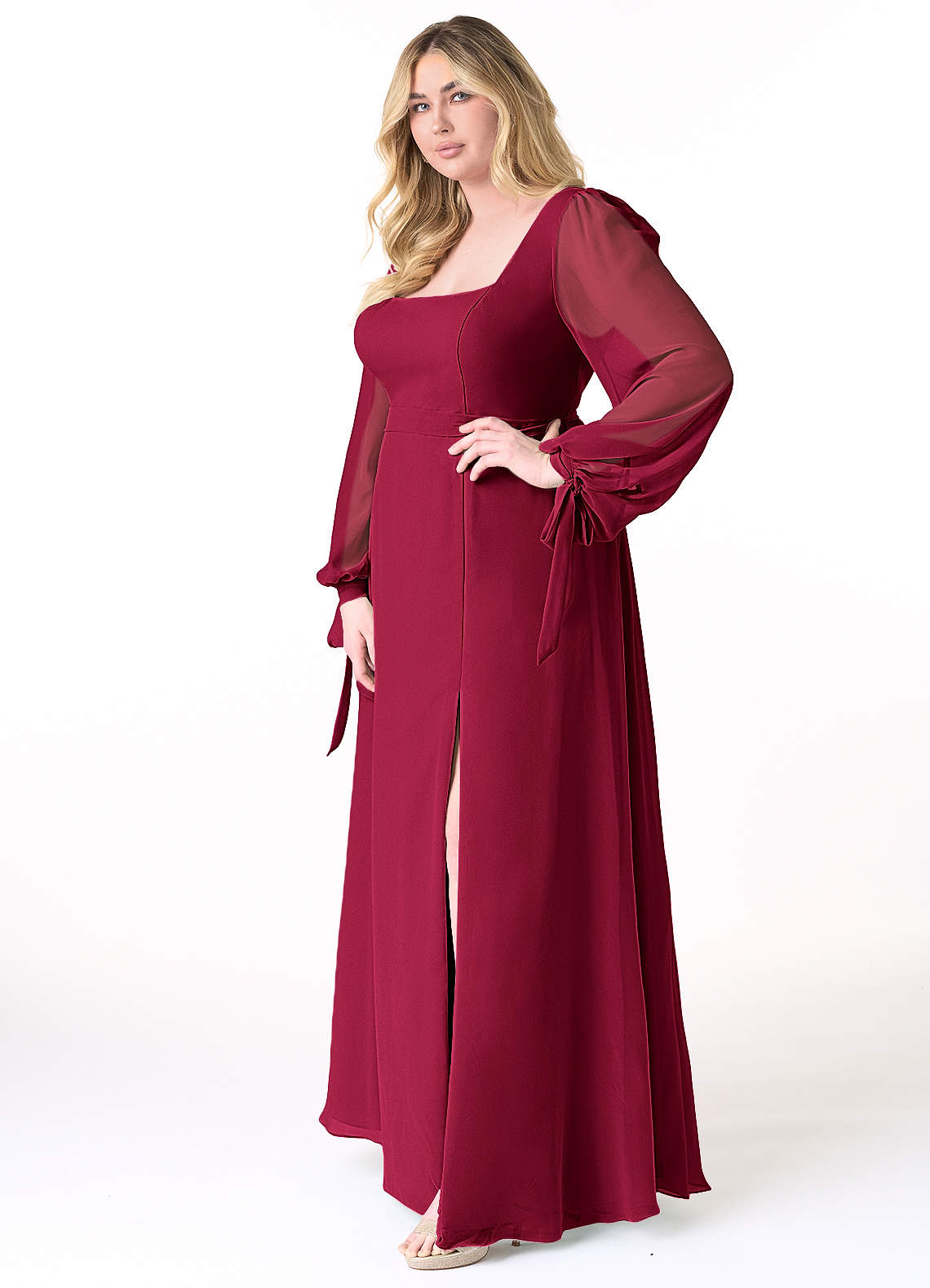 Azazie Leonia Bridesmaid Dresses Burgundy A-Line Long Sleeve Chiffon Dress image9