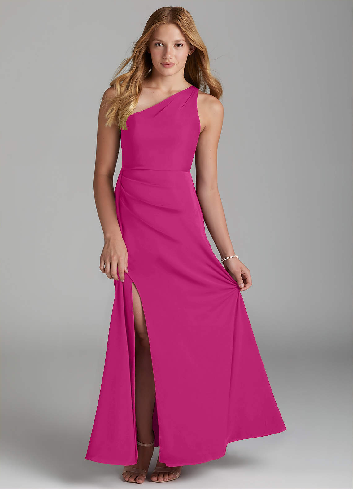 Azazie Maron Junior Fuchsia A-Line Pleated Stretch Satin Dress image1