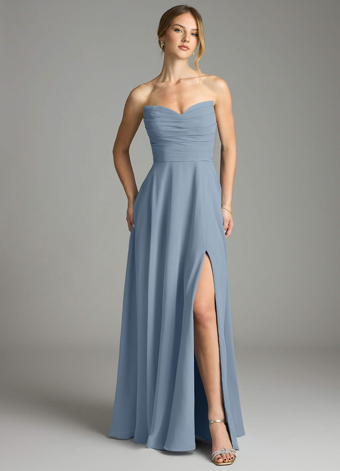 Azazie Ayla Prova i vestiti a casa Abito A-Line in Chiffon Scollo a Cuore Blu Polveroso image6