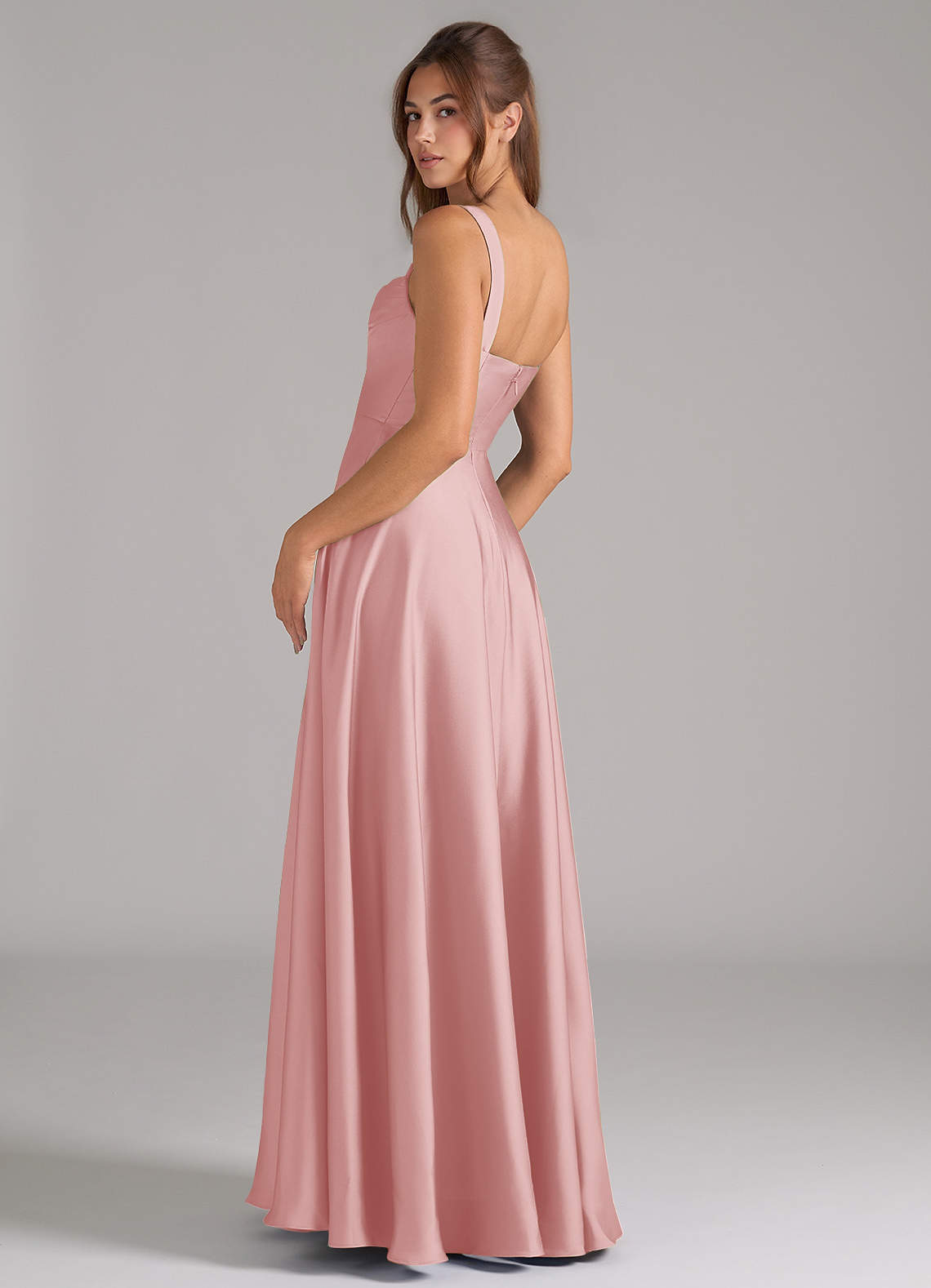 Azazie Shaude Bridesmaid Dresses Powder Pink A-Line Pleated Stretch Satin Dress image6