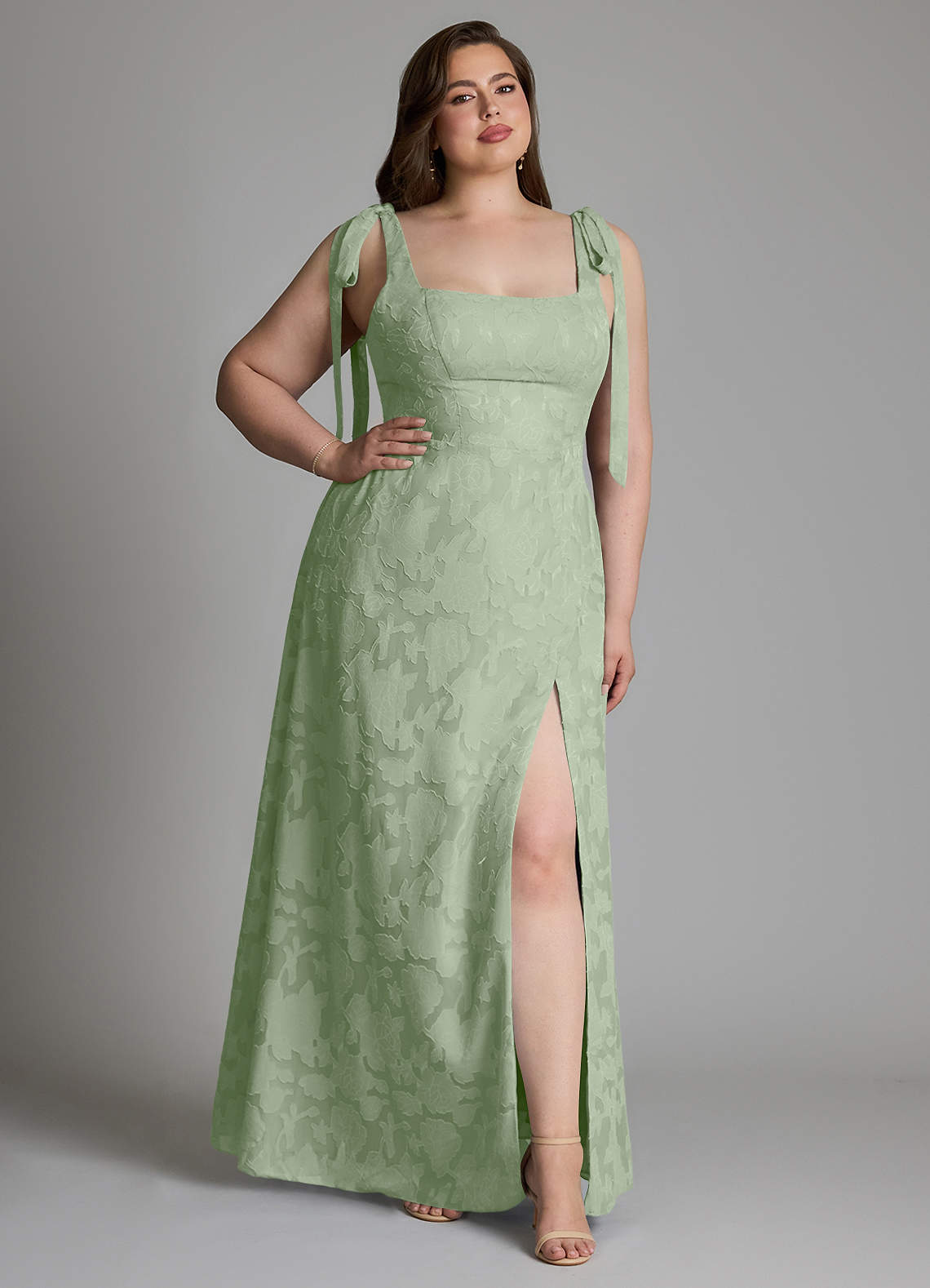 Azazie Debra Bridesmaid Dresses Dusty Sage A-Line with Pockets Floral Burnout Dress image1