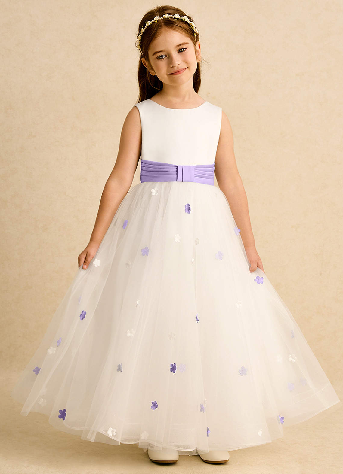 Azazie Cricket Flower Girl Dresses Ivory Lilac Ball-Gown Pleated Matte Satin Dress image3