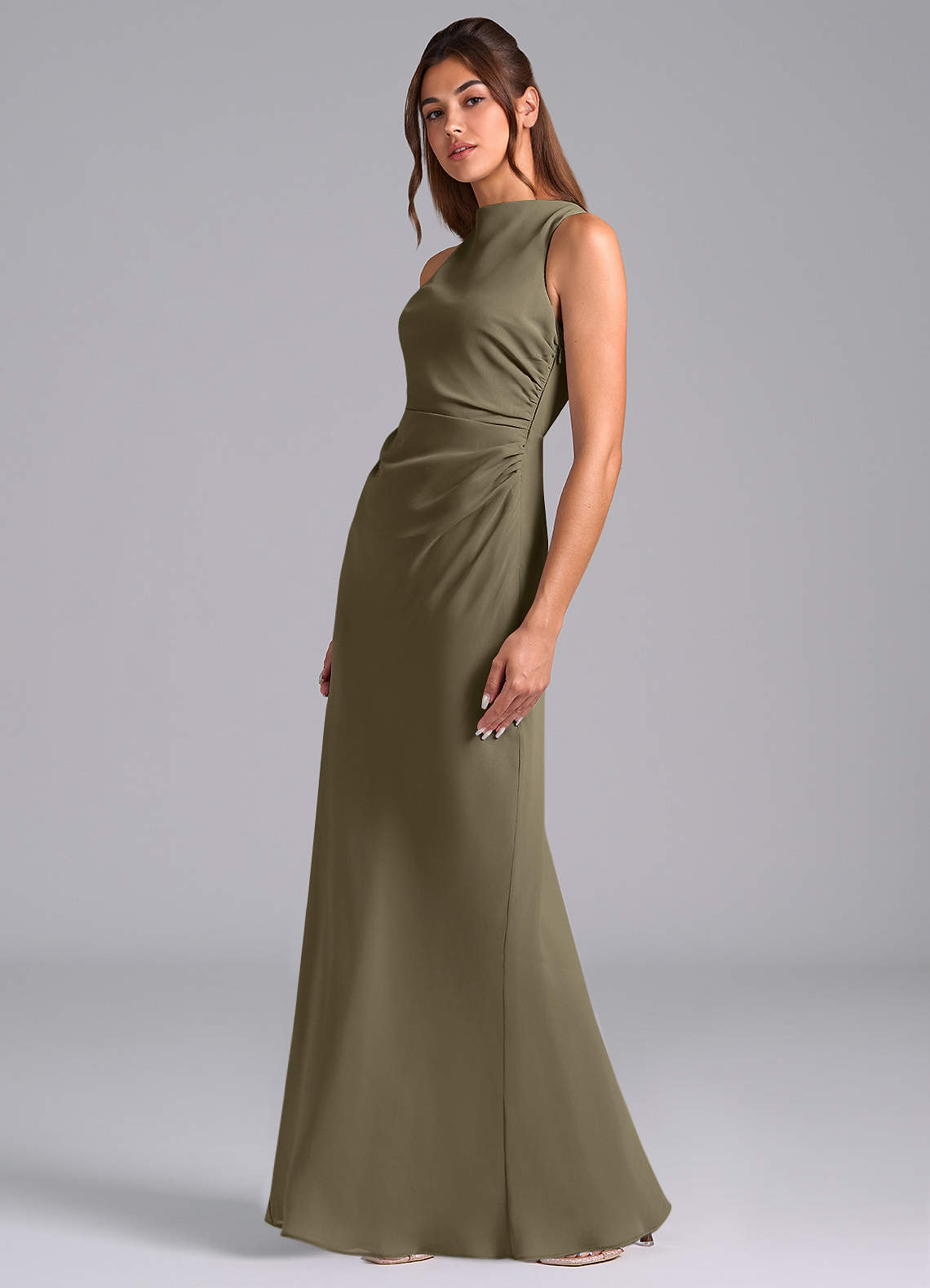 Azazie Evadne Robes de demoiselle d'honneur Robe Trapèze en Mousseline de soie Plissée Vert Saule image1