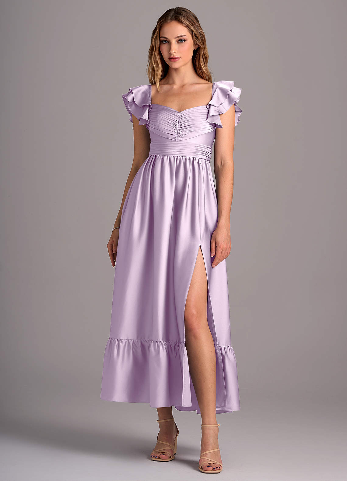 Azazie Anaya Bridesmaid Dresses Frosted Lilac A-Line Sweetheart Neckline Stretch Satin Convertible Dress image1