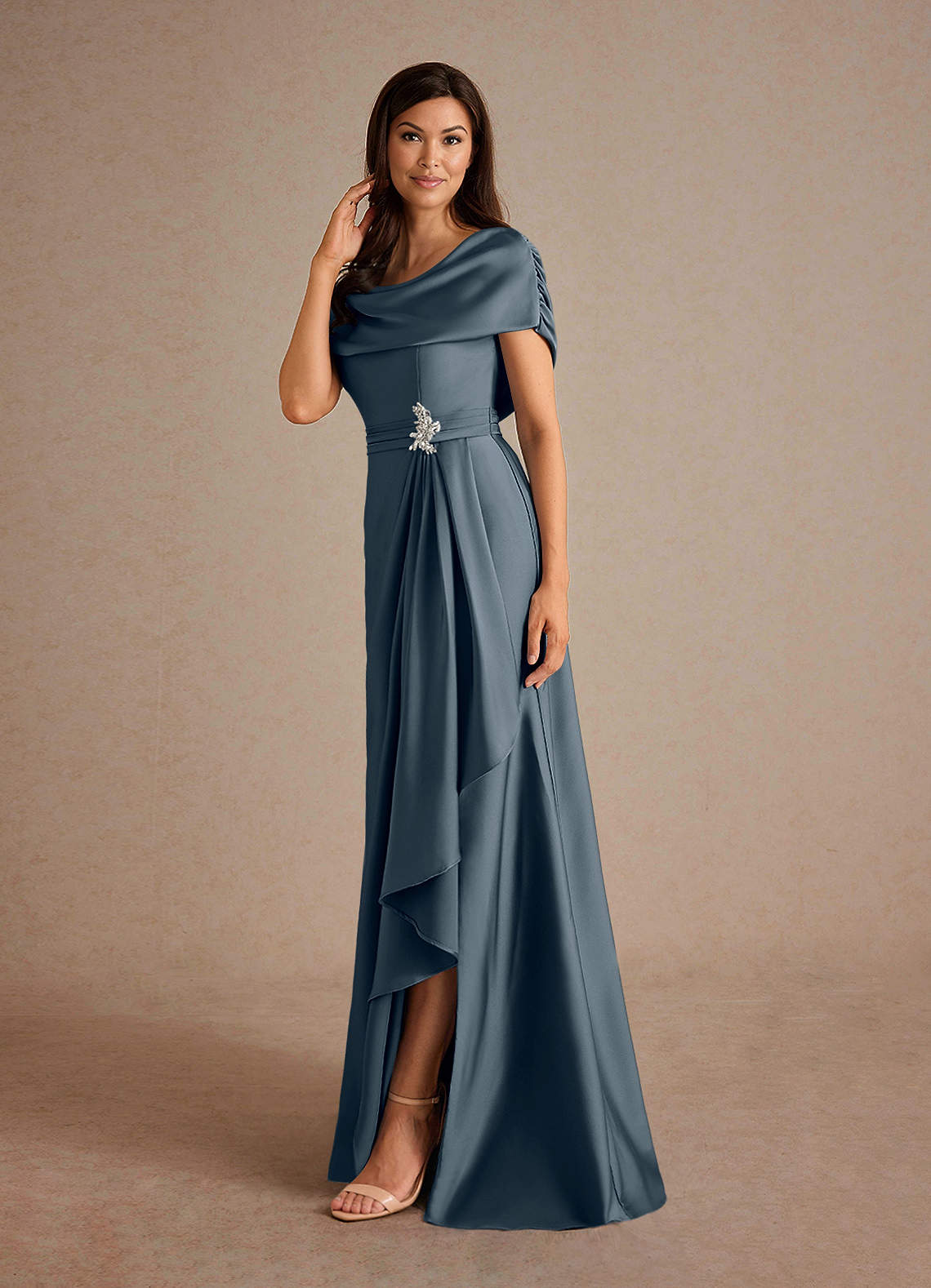 Azazie Branford Mother of the Bride Dresses Twilight A-Line Pleated Stretch Satin Dress image1