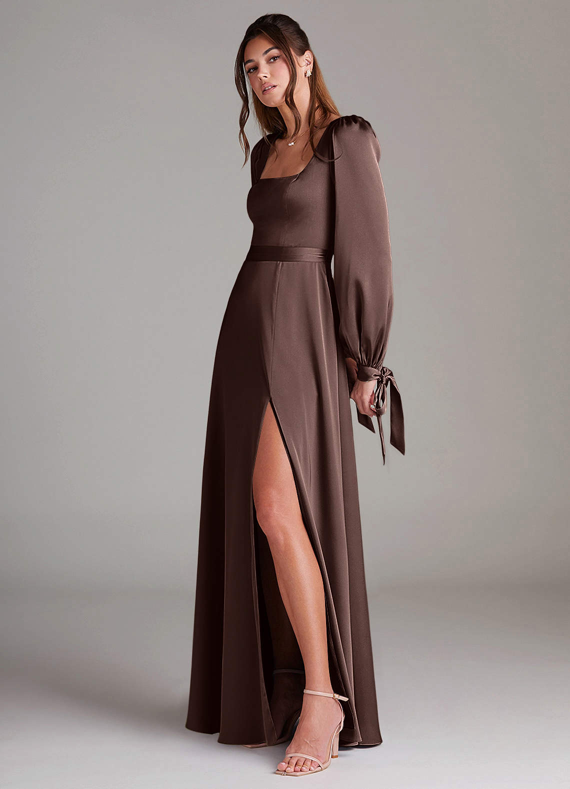 Azazie Leonia Bridesmaid Dresses Ganache A-Line Long Sleeve Stretch Satin Dress image4