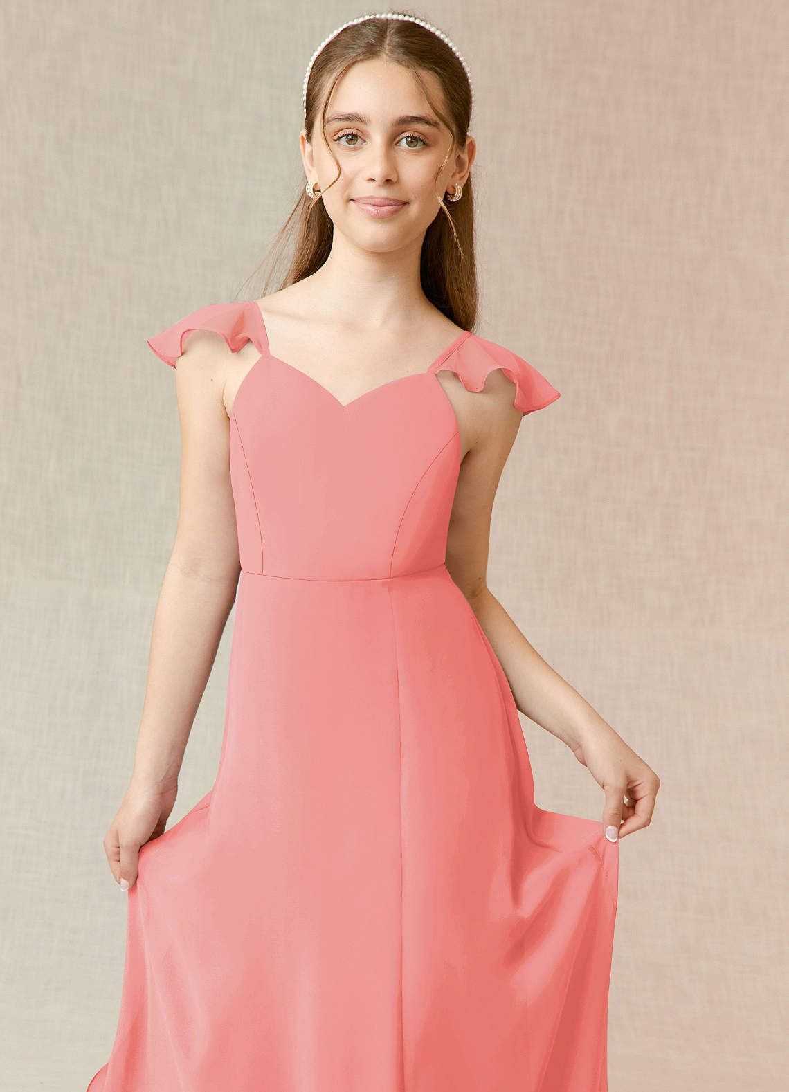 Coral Azazie Everett JBD Junior Bridesmaid Dresses | Azazie