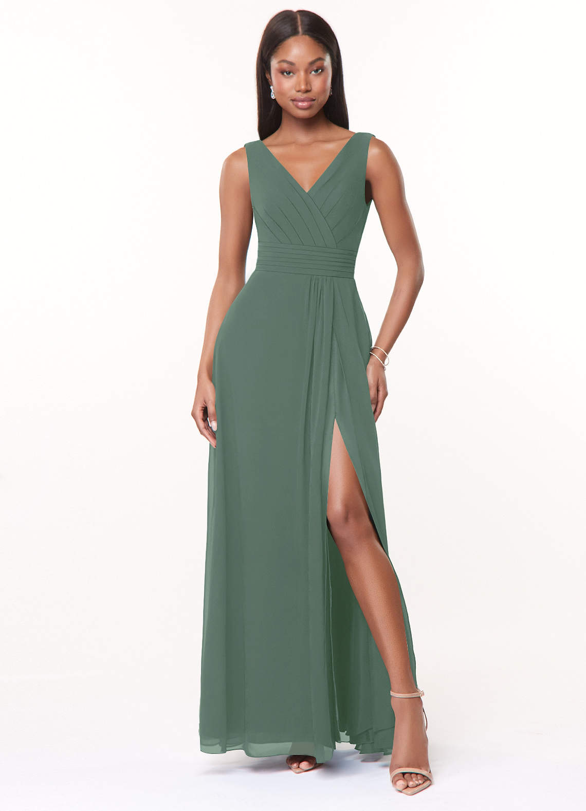 Azazie Karina Bridesmaid Dresses Eucalyptus A-Line Pleated Chiffon Dress image1