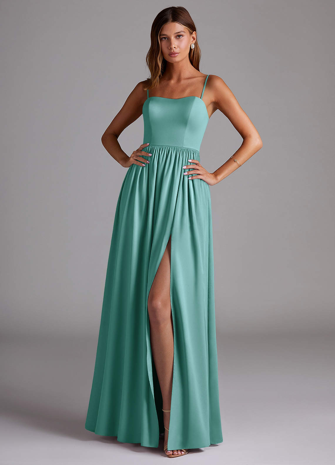 Azazie Calianna Bridesmaid Dresses Aqua A-Line Off the Shoulder Stretch Satin Convertible Dress image1