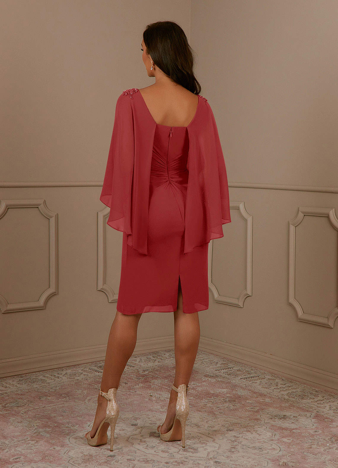 Azazie Mirra Rust Sheath Scoop Pleated Chiffon Dress | Azazie