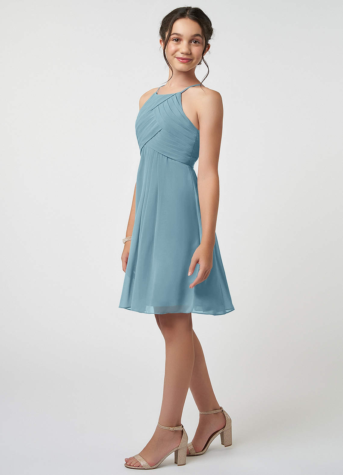 Azazie Ginny Junior Moody Blue A-Line Pleated Chiffon Dress image2