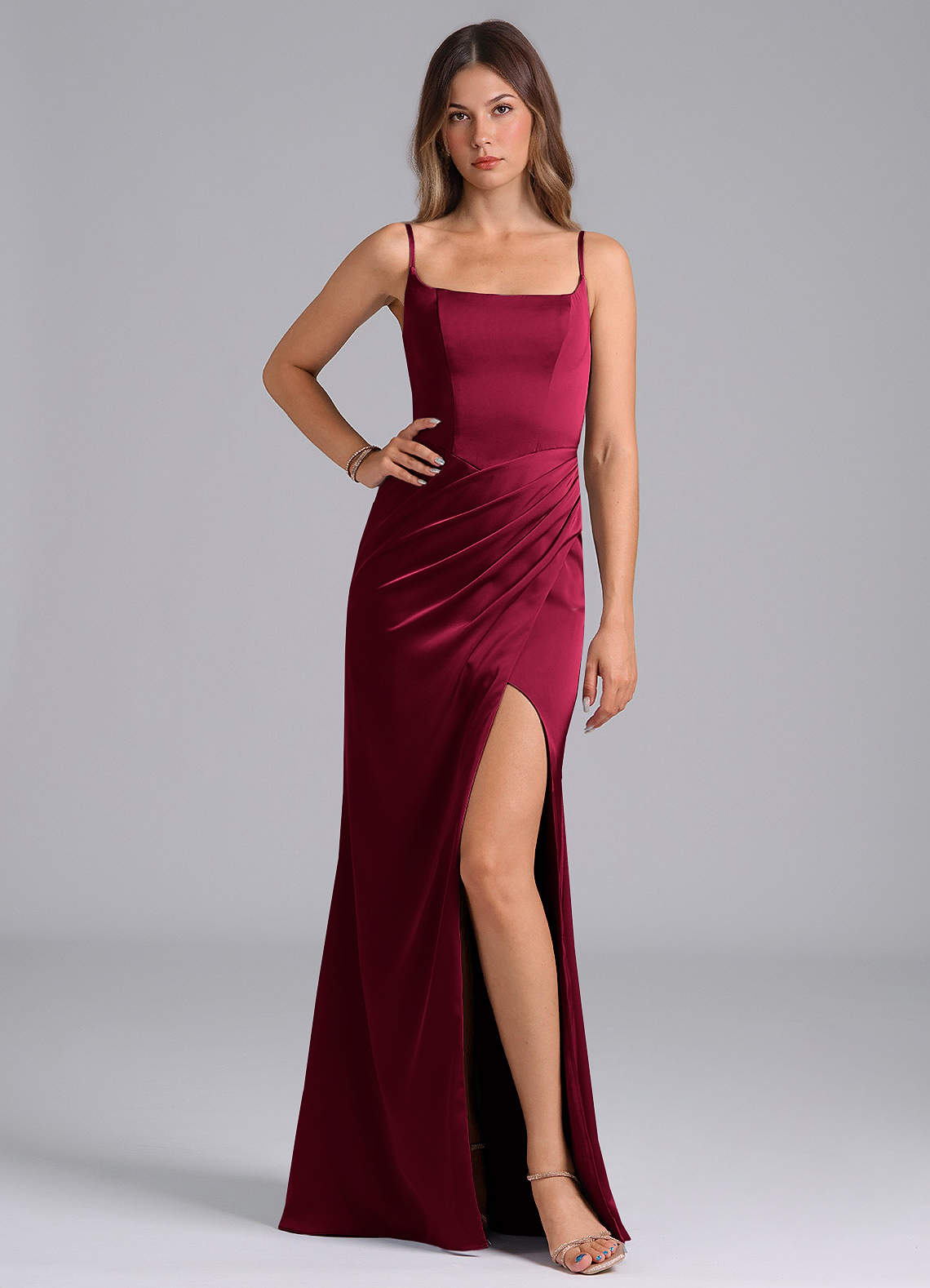 Azazie Donielle Bridesmaid Dresses Burgundy Mermaid Corset Stretch Satin Dress image1