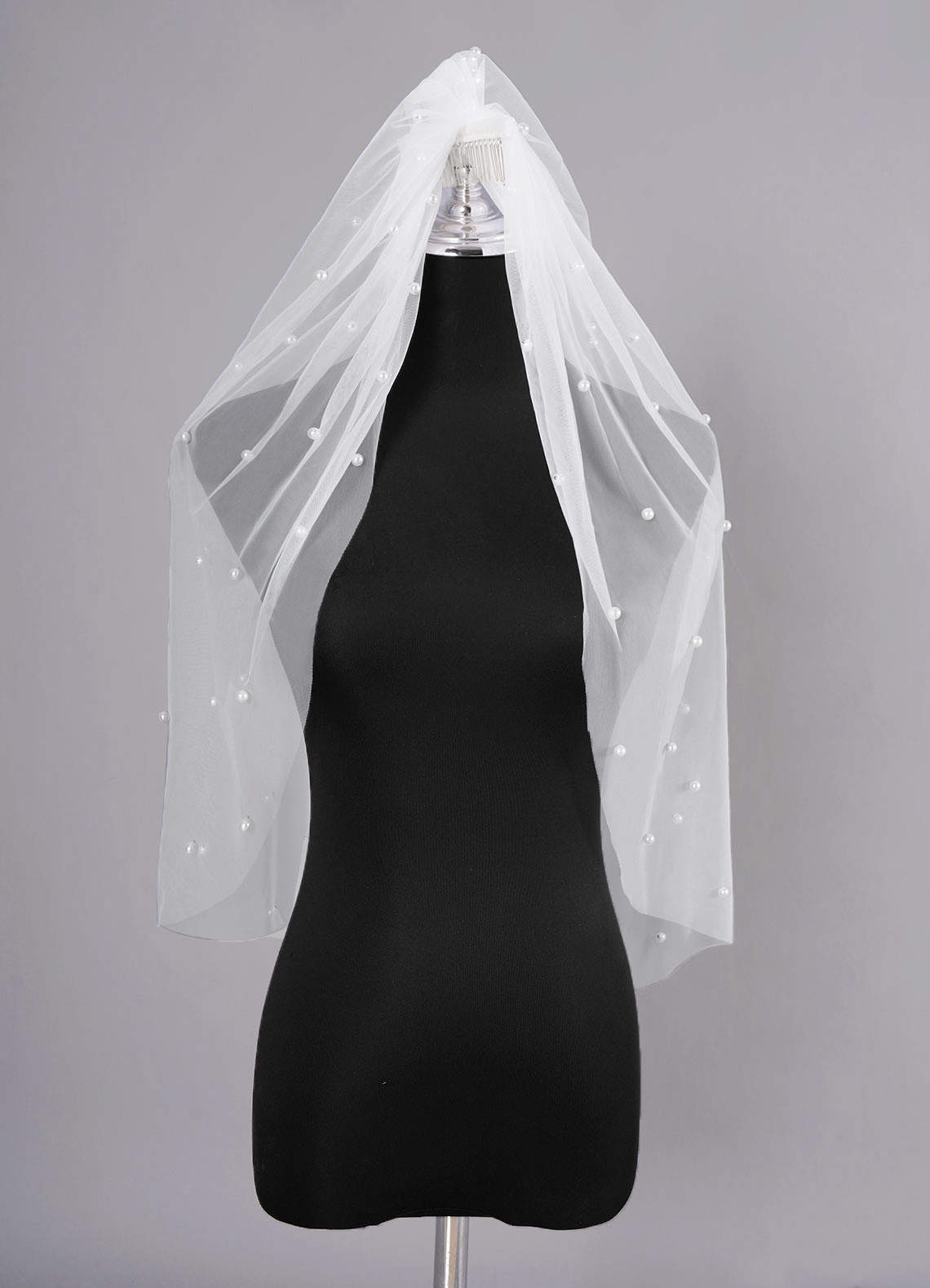 front Megara Pearl Waist Length Veil