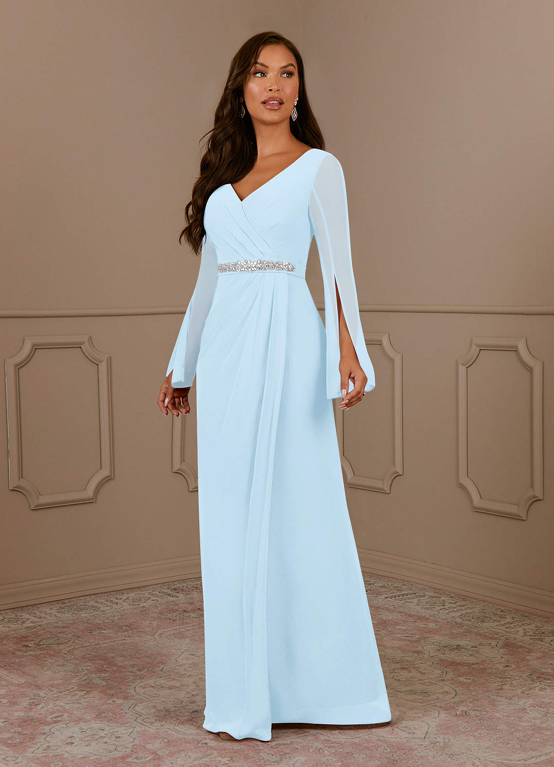Azazie Belinda vestidos de madre de la novia Vestido de Azul Cielo de Gasa de Corte En A con Cuello en V Plisado image1
