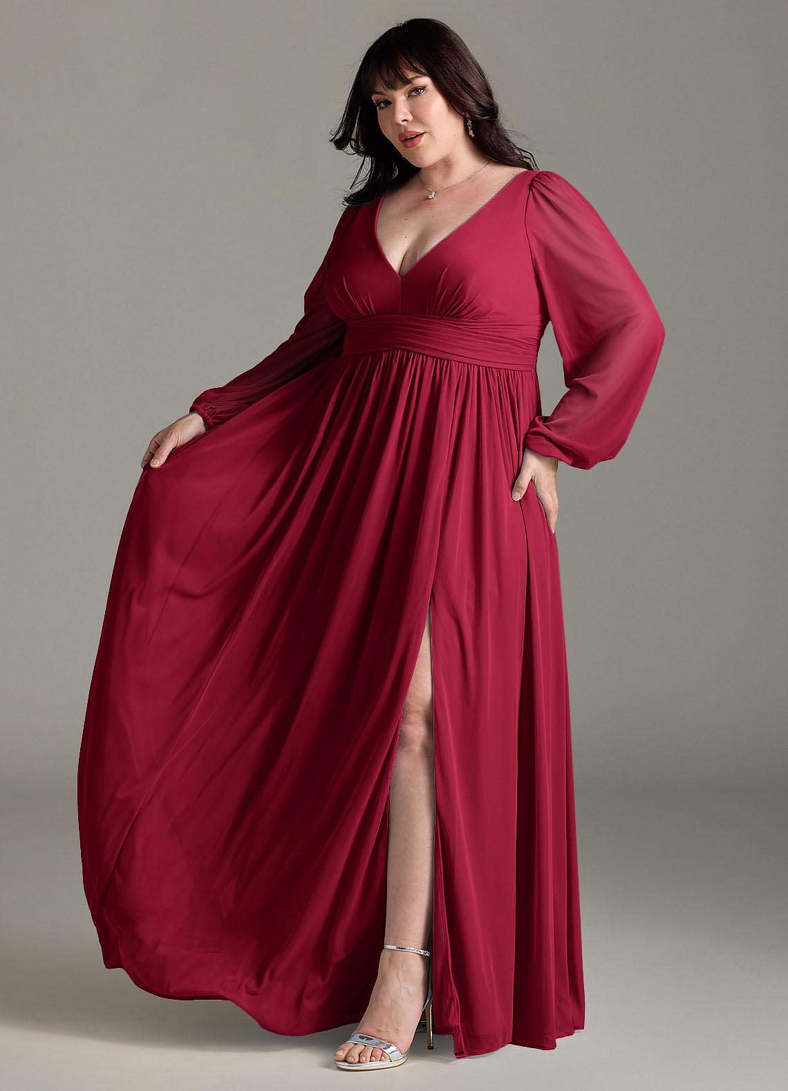 Azazie Norah Bridesmaid Dresses Burgundy A-Line V-Neck Long Sleeve Chiffon Dress image9