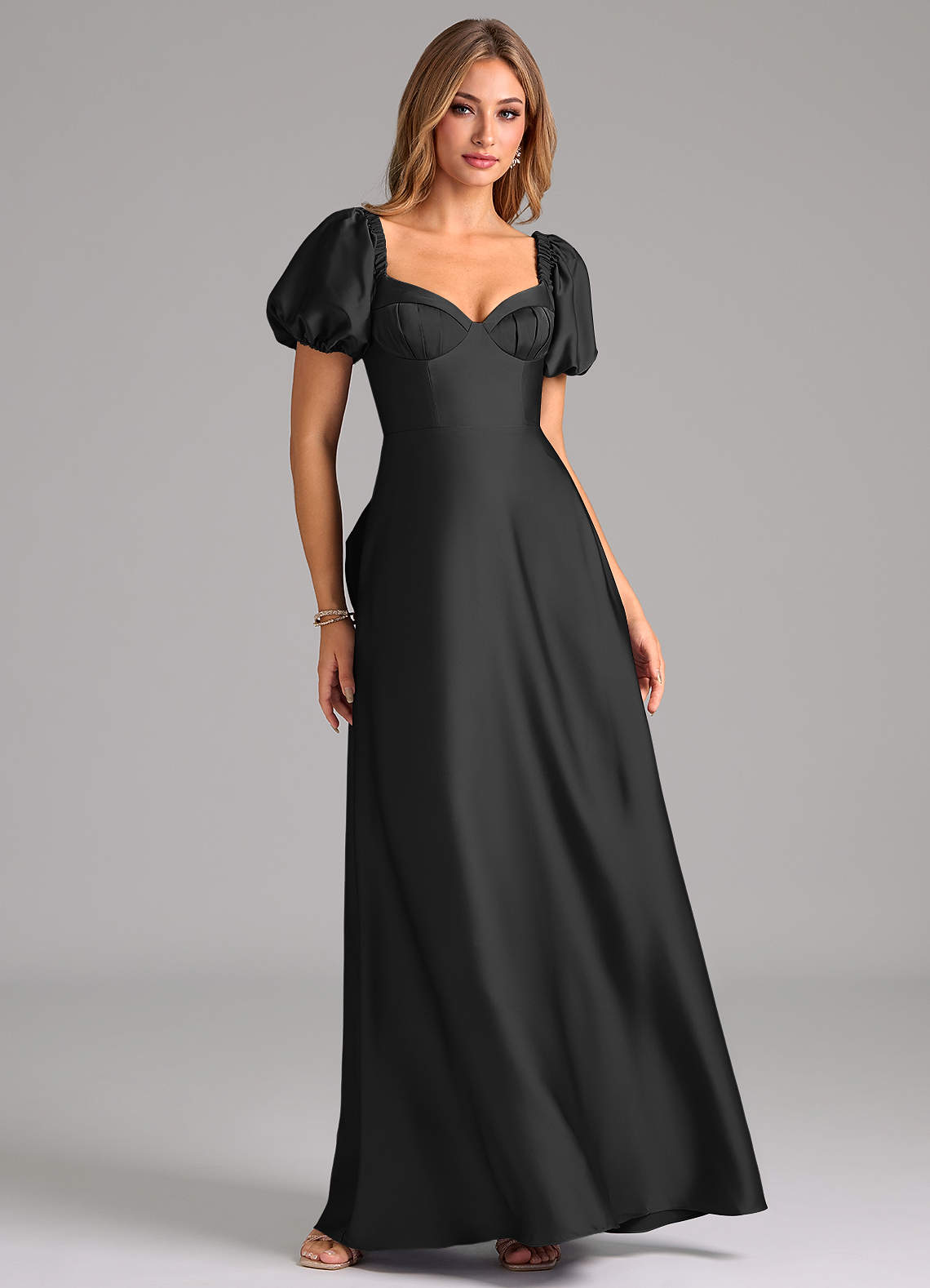 Azazie Fatima Bridesmaid Dresses Black A-Line Pleated Stretch Satin Dress image1