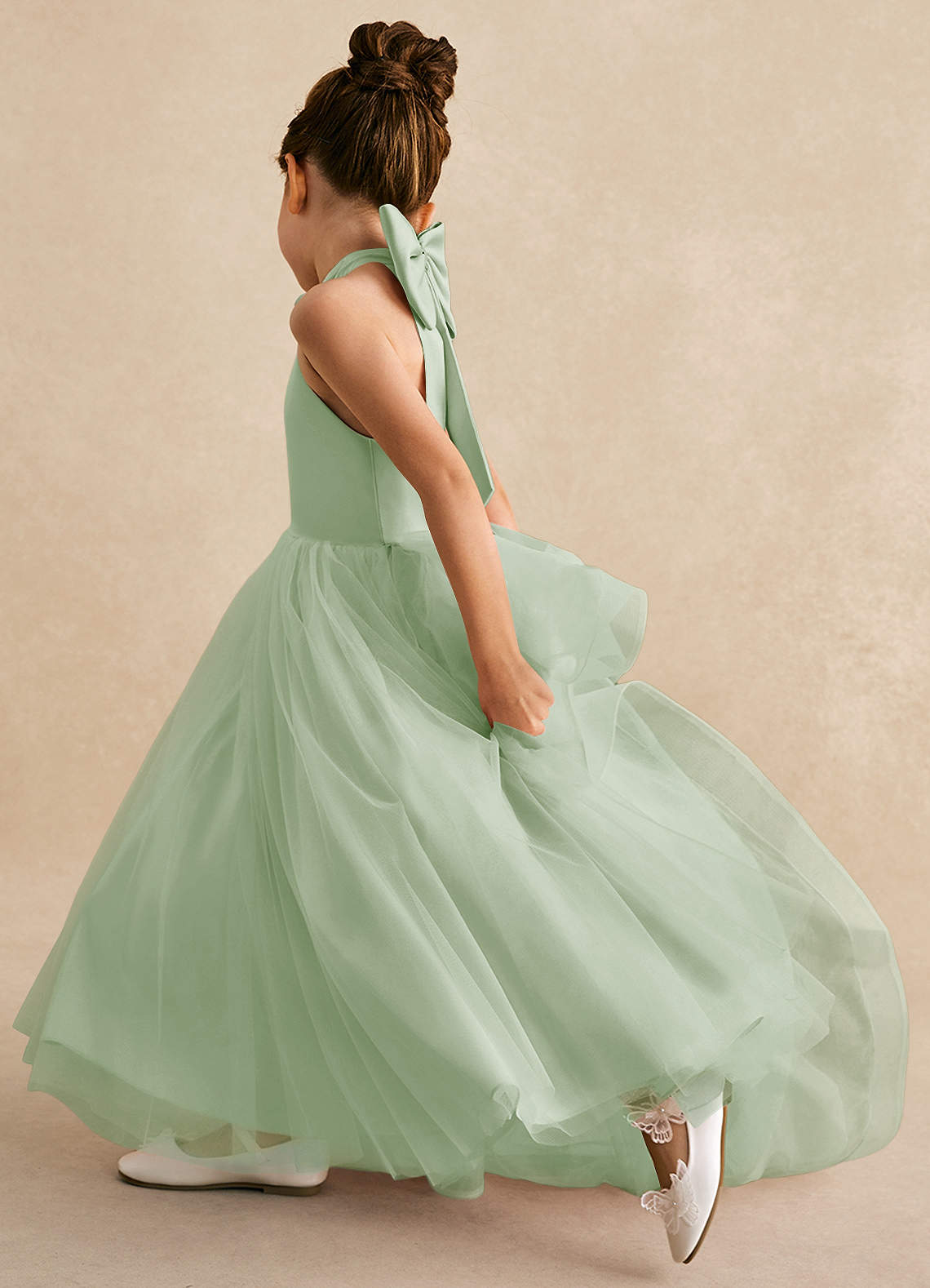Azazie Bev Flower Girl Dresses Dusty Sage A-Line Convertible Tulle Dress image6