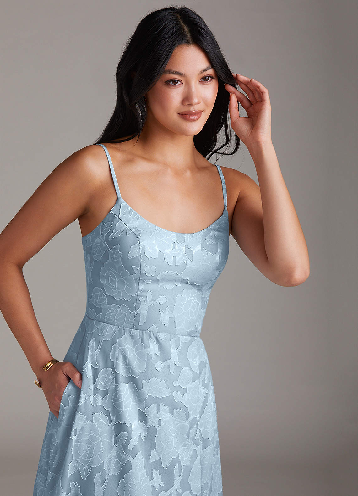 Azazie Moira Bridesmaid Dresses Sky Blue A-Line Side Slit Floral Burnout Dress image4