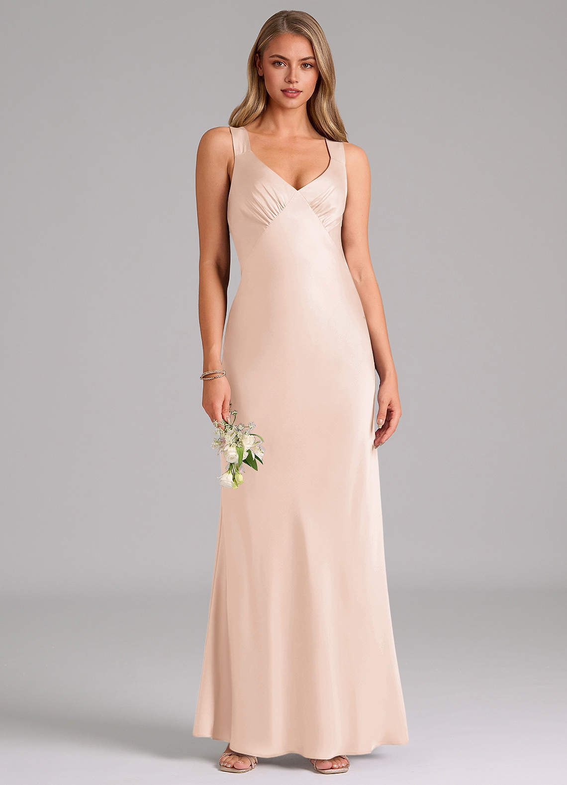 Azazie Kamila Bridesmaid Dresses Blushing Pink A-Line Pleated Stretch Satin Dress image1