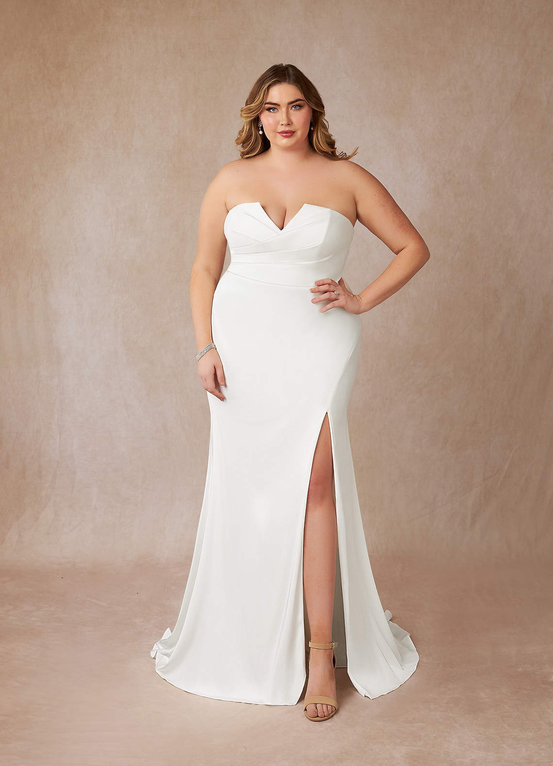 Azazie Mari Wedding Dresses Diamond White Mermaid V-Neck Stretch Crepe Dress image1