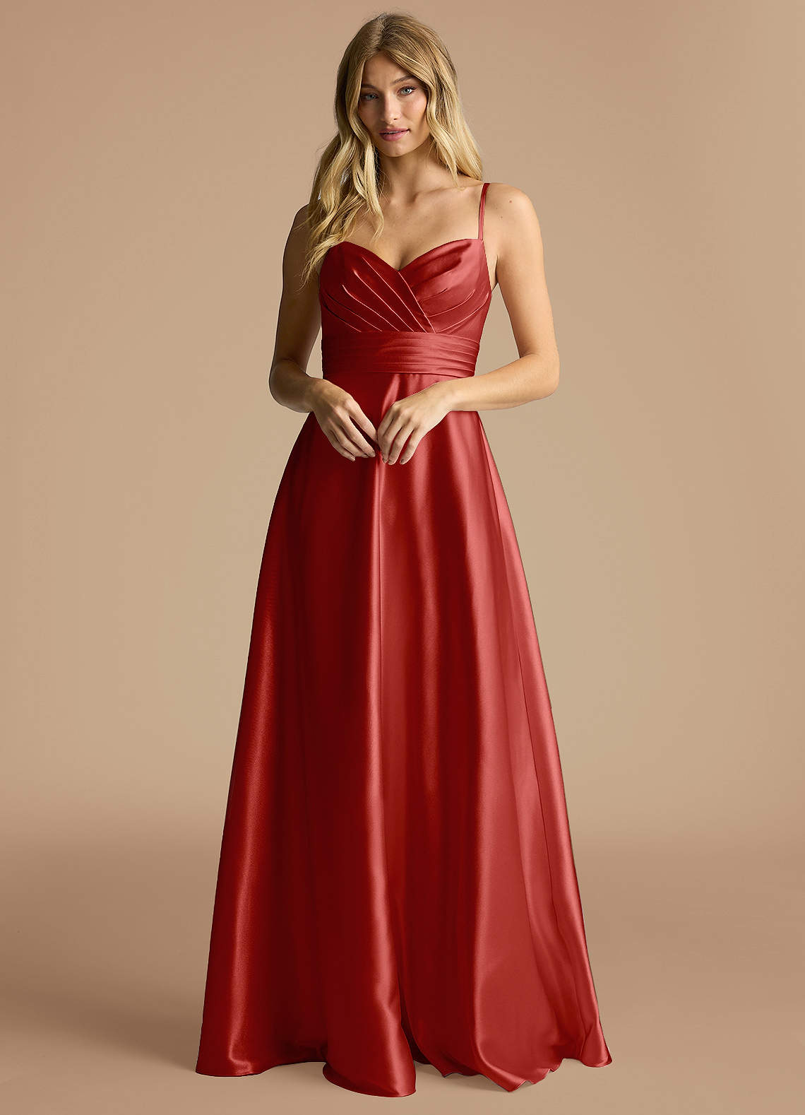 Azazie Oliana Bridesmaid Dresses Rust A-Line Pleated Metallic Satin Dress image1