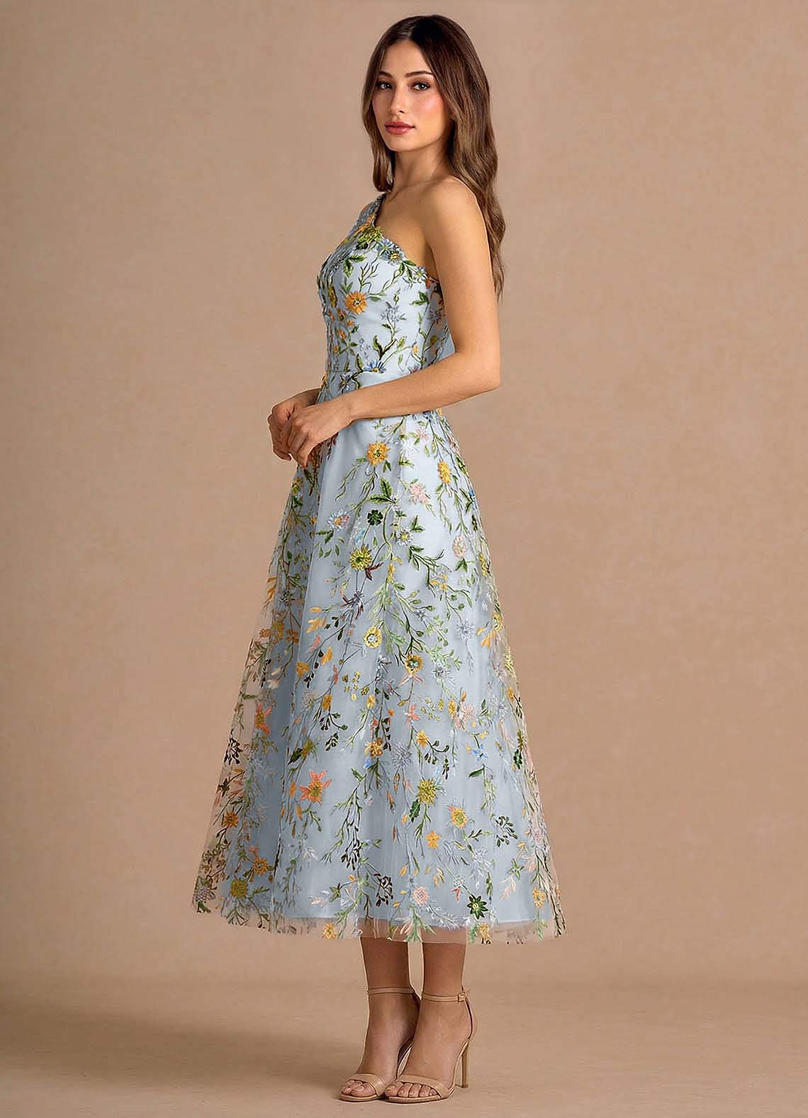 Azazie One Shoulder A-Line 3D Flowers Midi Dresses in Sky Blue