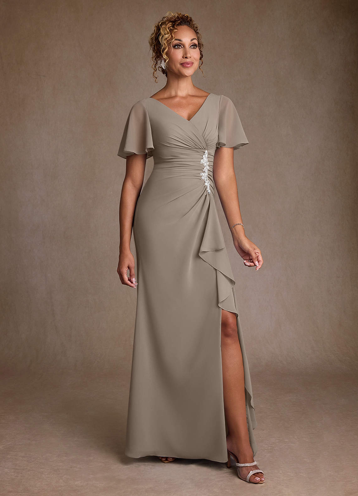 Azazie Suffolk Mother of the Bride Dresses Taupe A-Line Pleated Chiffon Dress image1