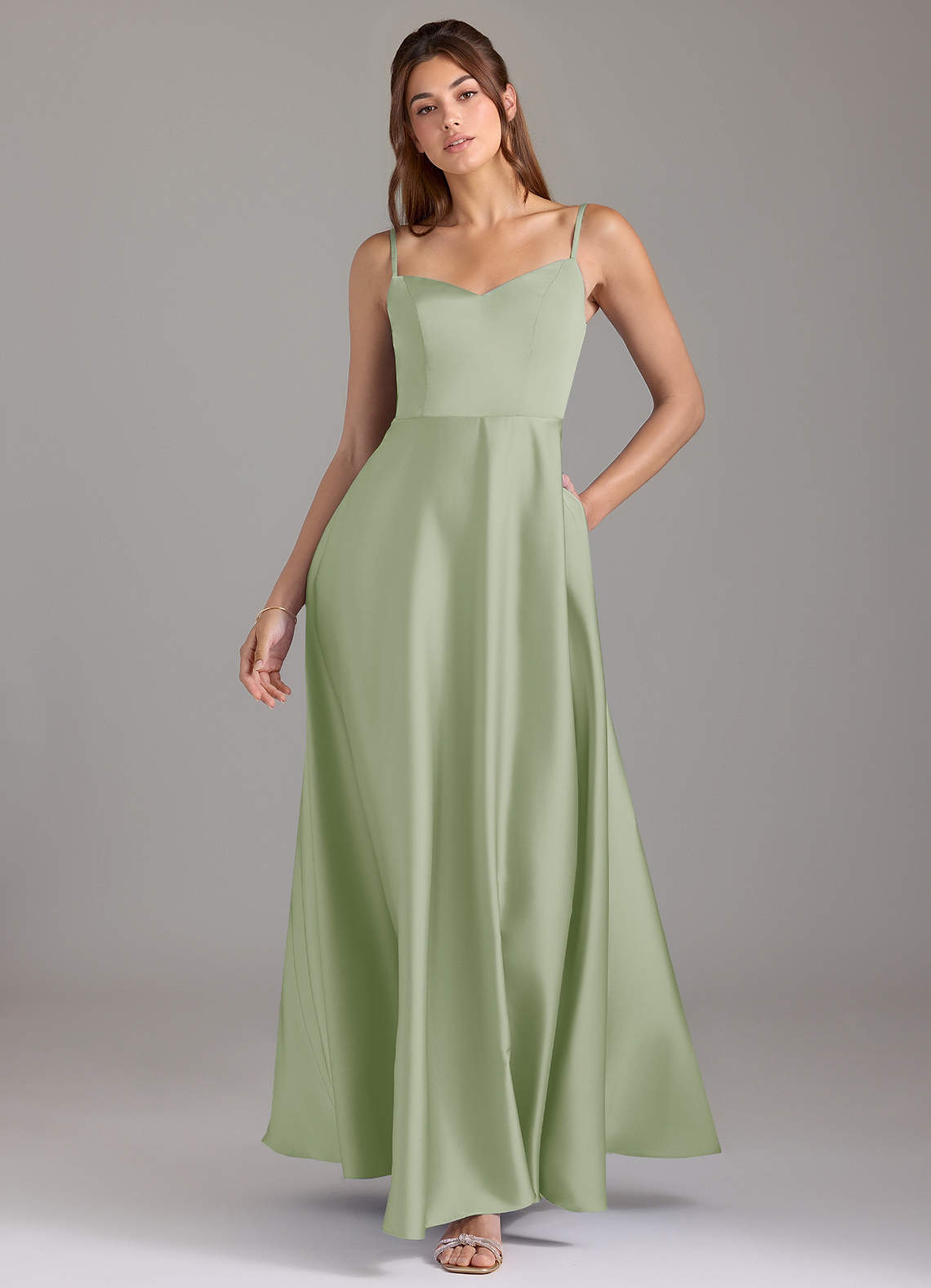 Azazie Marley Bridesmaid Dresses Dusty Sage A-Line Off the Shoulder Stretch Satin Convertible Dress image1