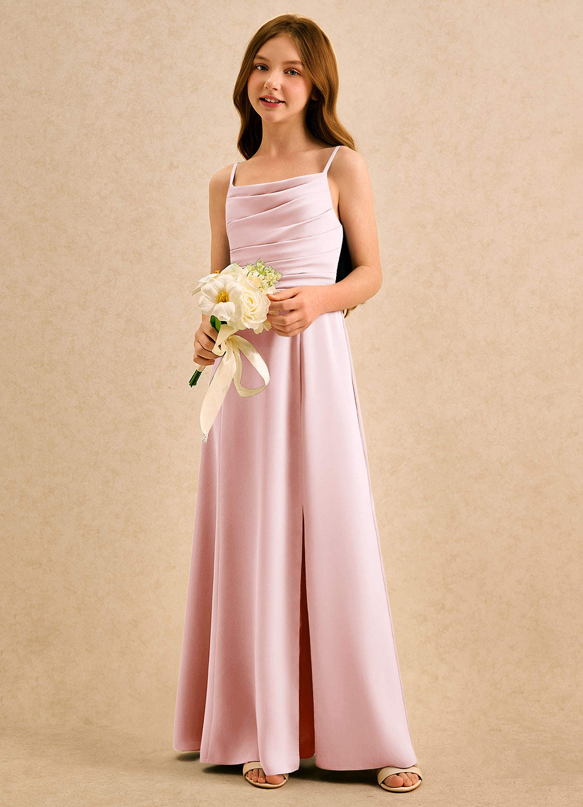 Azazie Chamomile Girls Formal Sukienki dla dziewczynek sypiących kwiaty Linia A Pofałdowany Satyna elastyczna Długość podłogi Sukienka image2